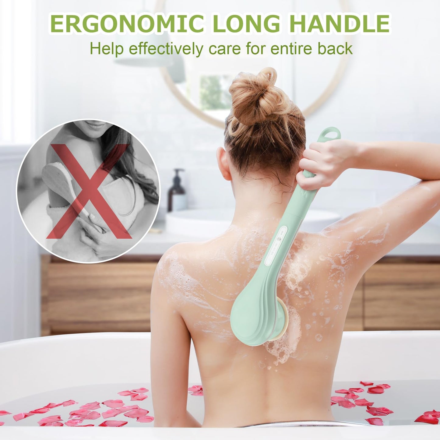 LINGSFIRE Electric Body Brush Bath Brush Rechargeable Back Scrubber for Shower Exfoliating Bath Brush Long Handle for Shower Lotion Applicator for Back Silicone Body Scrubber With 6 Shower Brush Heads