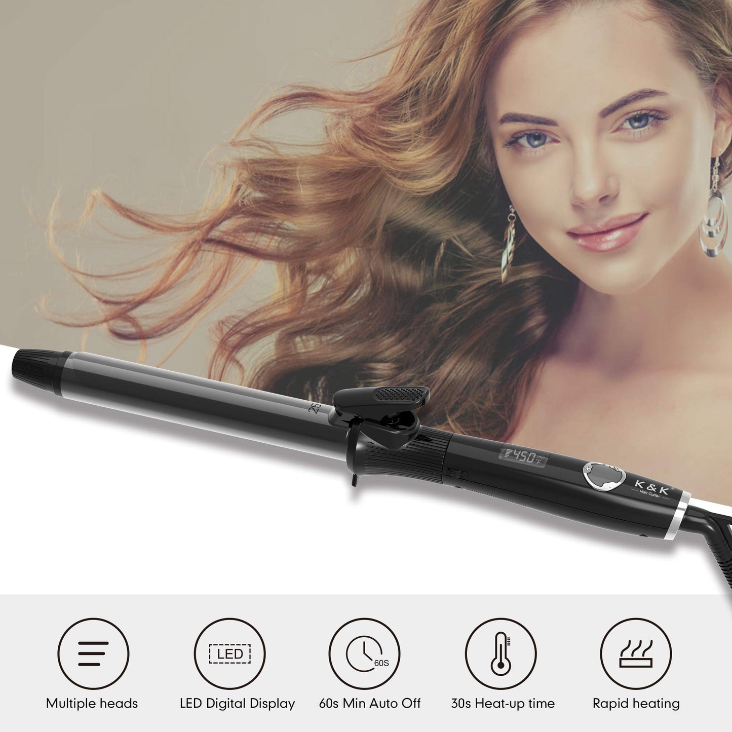 1 1/4 Inch Curling Iron with Clipped Tourmaline Ceramic Barrel Professional Hair Curler up to 450°F Dual Voltage for Traveling 60 Mins Auto Off Suit for Different Hairstyle (Black, 1.25 Inch)