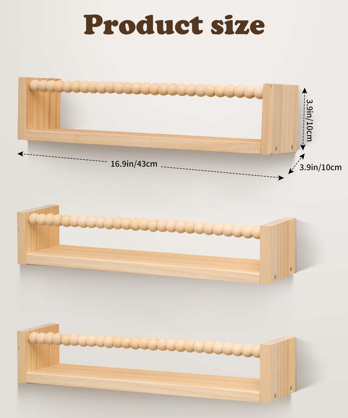 TUEGEGNS Nursery Book Shelves for Kids Rooms with Beads Set of 3,Wooden Floating Wall Bookshelves for Kids (Set of 3 Natural)