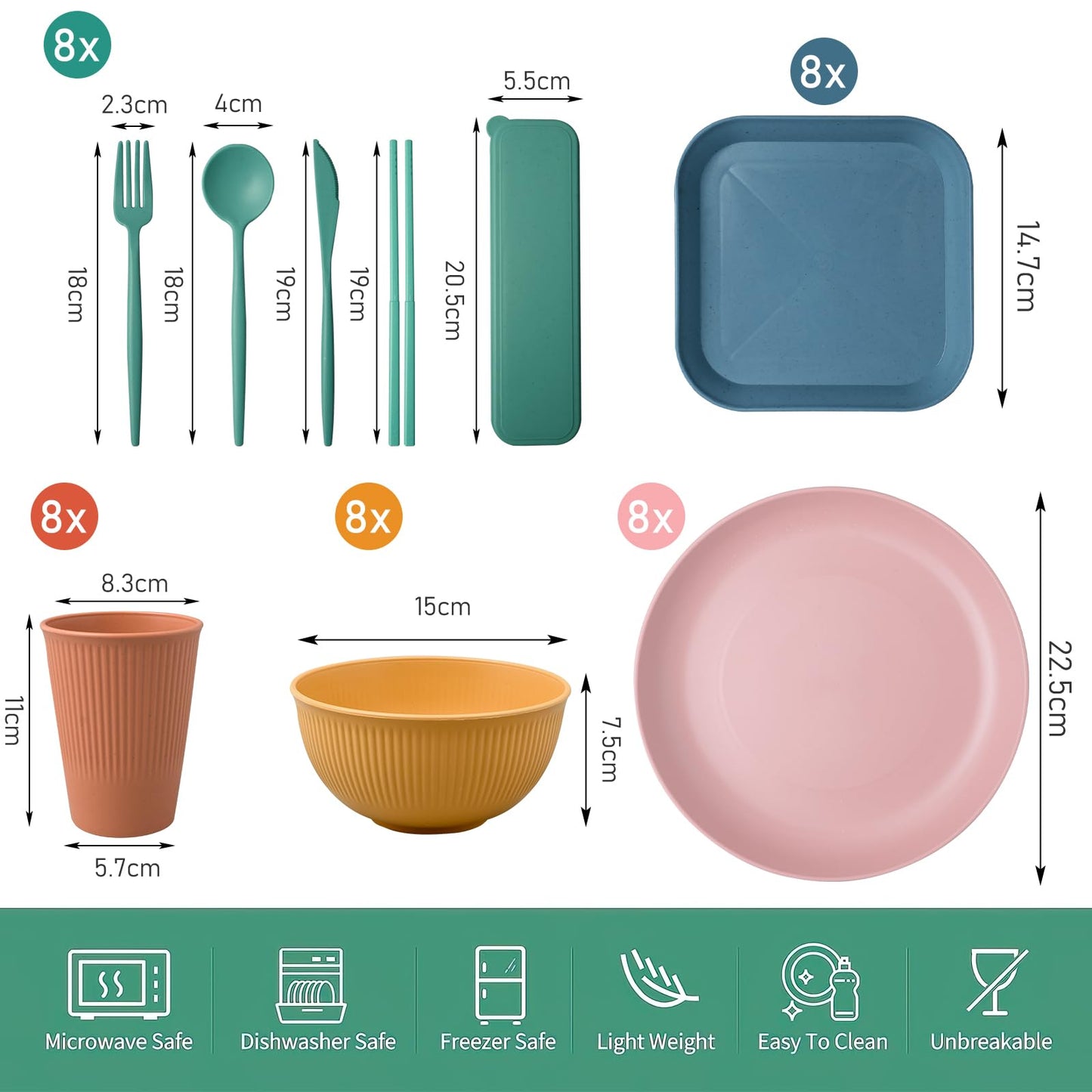 72 Pcs Wheat Straw Dinnerware Sets,Unbreakable Microwave Safe Dinnerware,Lightweight Reusable Bowls with Plates,Cups,Knives,Forks and Spoons Utensil Set for Camping,RV Dishes (A Set of 8)