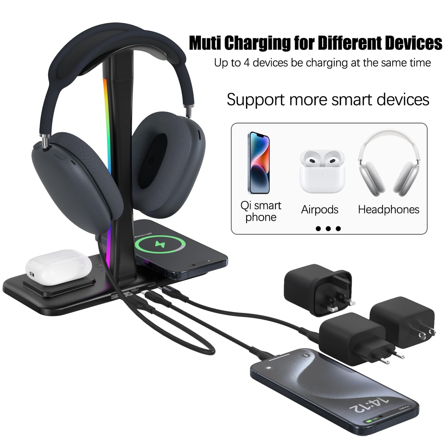 Headphone Stand with Wireless Charger,Gaming Headset Stand with RGB Light Mode,For Airpod Max Stand Compatible with Airpod Pro/3/2,For iPhone 17/16/15/14/13/12/11,Gifts for Gamers & Music Lover(Black)