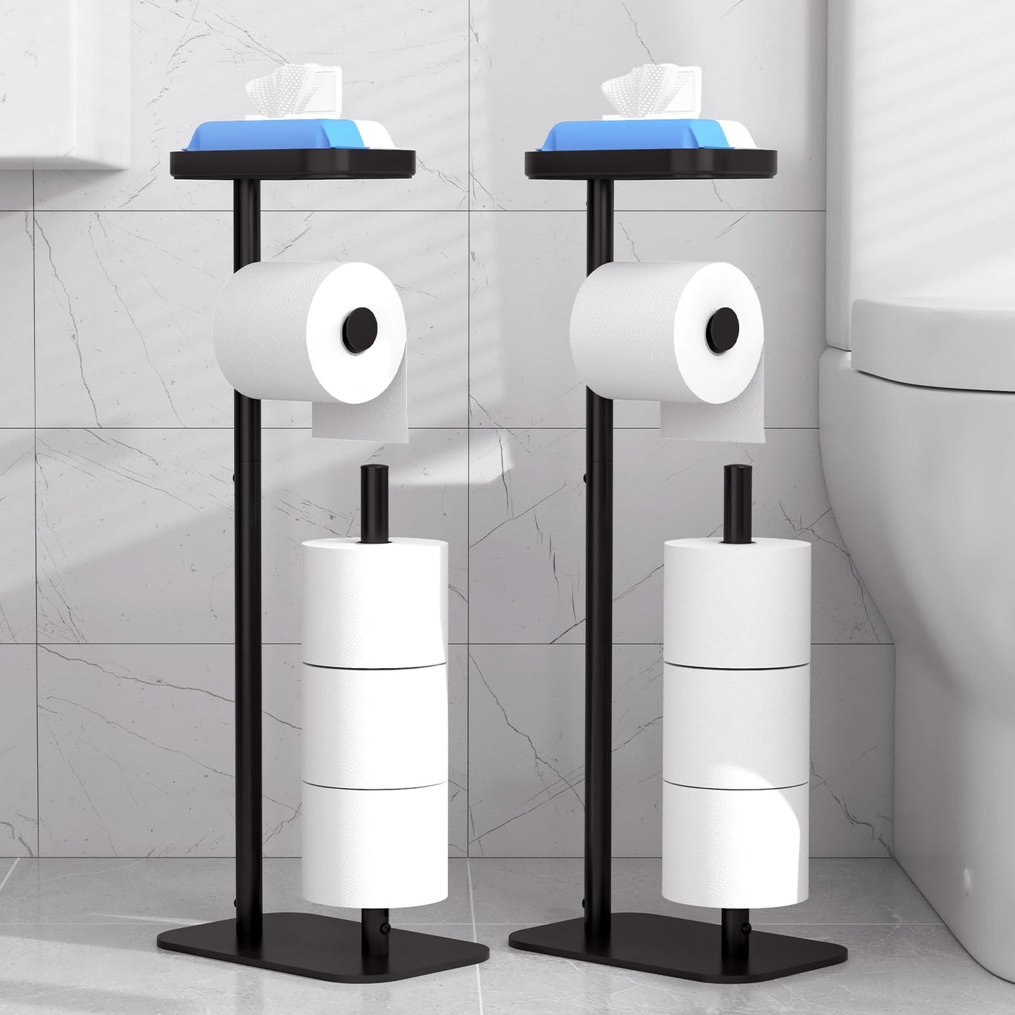 Kitsure Toilet Paper Roll Holder Free Standing – Rustproof Metal Toilet Paper Stand for 4 Rolls with Anti-Slip Base and Shelf for Phone & Small Items, Black, 2 Pack