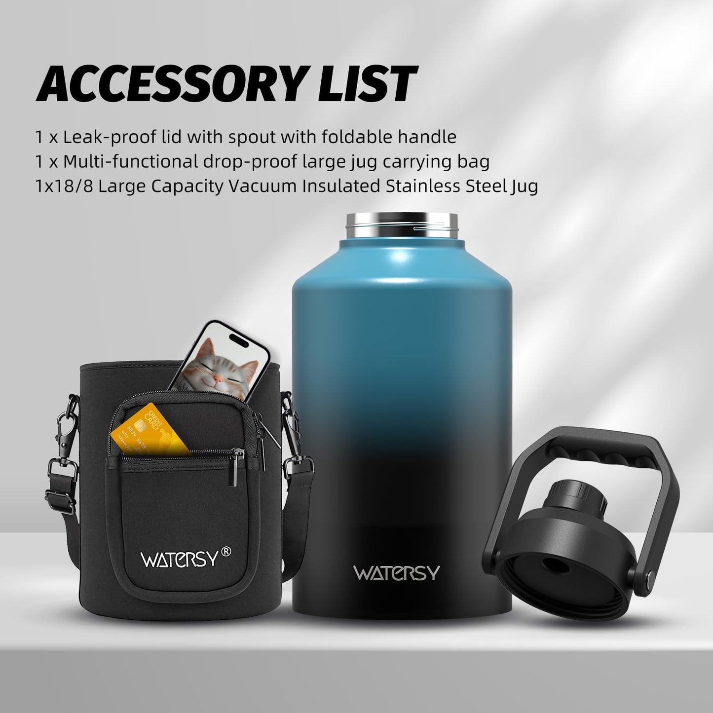 WATERSY 1.5 Gallon Water Bottle Insulated(Cold for 48 Hrs),BPA Free&Leak Proof,196oz Stainless Steel Water Jug,Big thermos,Large Water Bottle with Handle for Gym,Hiking,Camping&Travel,Lake Blue