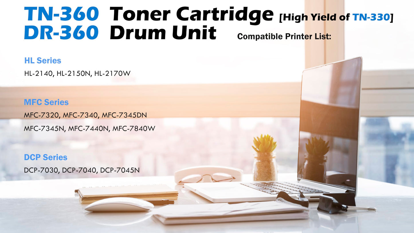 Ultra Toner® Compatible Replacement for Brother DR-360 Drum Unit & TN-360 Toner Cartridge High Yield tn360 DCP-7030 7040 7045N HL-2140 2150N 2170W 7320 7340 7345DN 7345N 7440N 7840W (TN-360 & DR-360)