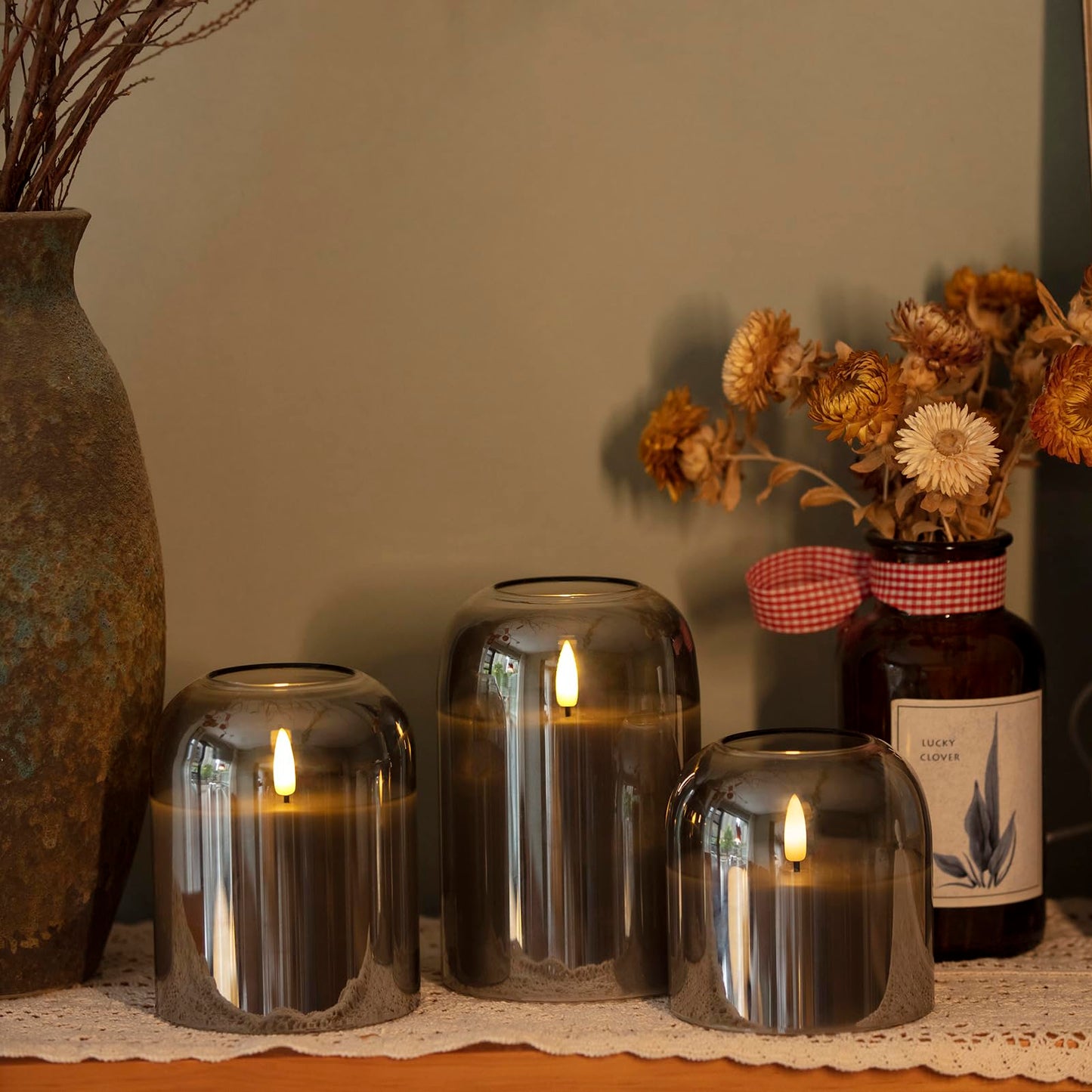 volnyus Gray Glass Flameless Candles Set of 3 (Φ 4" H 4" 5" 6") with Remote Battery Operated Flickering LED Pillar Candles Real Wax 3D Wick