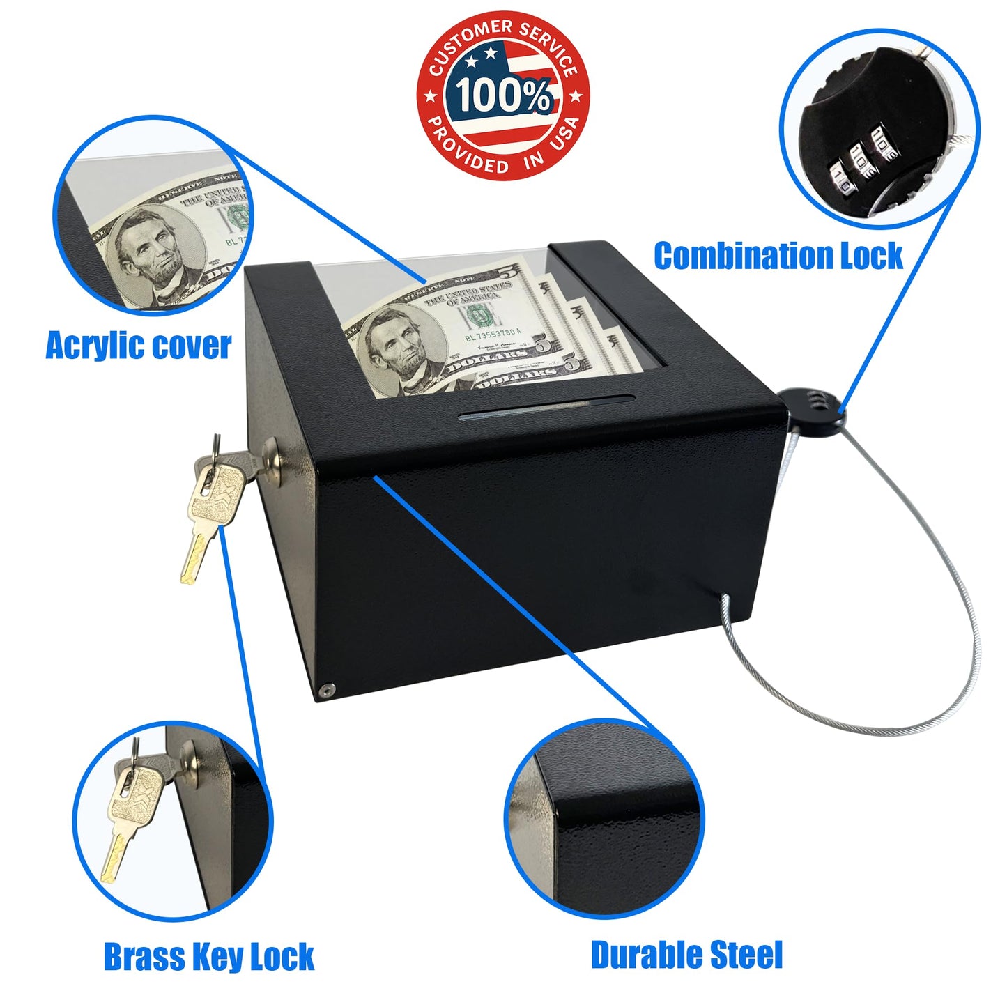 Steel Locking Tip Box - Heavy-Duty Secure Tip Jar with Combination Cable Lock, Ideal for Taxi Tips, Donations, Suggestions, Business Cards, Cash, and More in Family Churches, Restaurants, and Events.