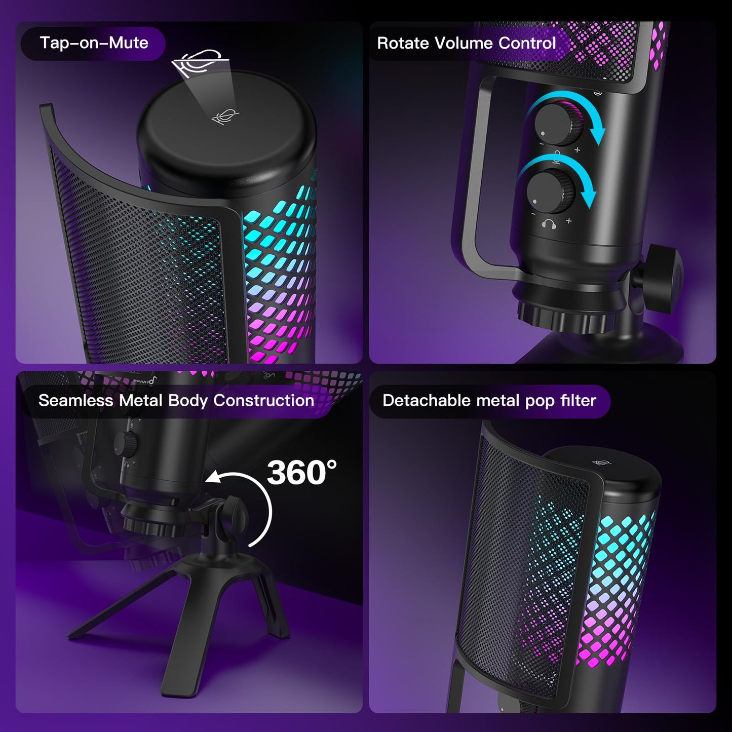 ZealSound Podcast Microphone for PC/Mac/iPhone/Phone – 96kHz/24bit USB Condenser Mic with Noise Reduction, Tap-to-Mute, Gain Control, Zero-Latency Monitor, RGB Light for Streaming, Gaming, Recording
