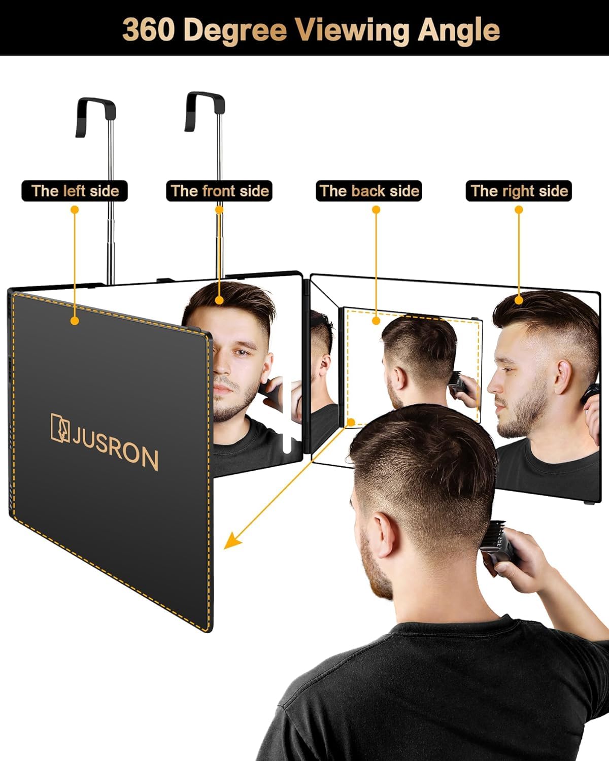 3 Way Mirror for Self Hair Cutting with Lights, 360 Rechargeable LED Haircuts Mirror for Hair Cutting, Makeup, Shaving, Braiding, Styling