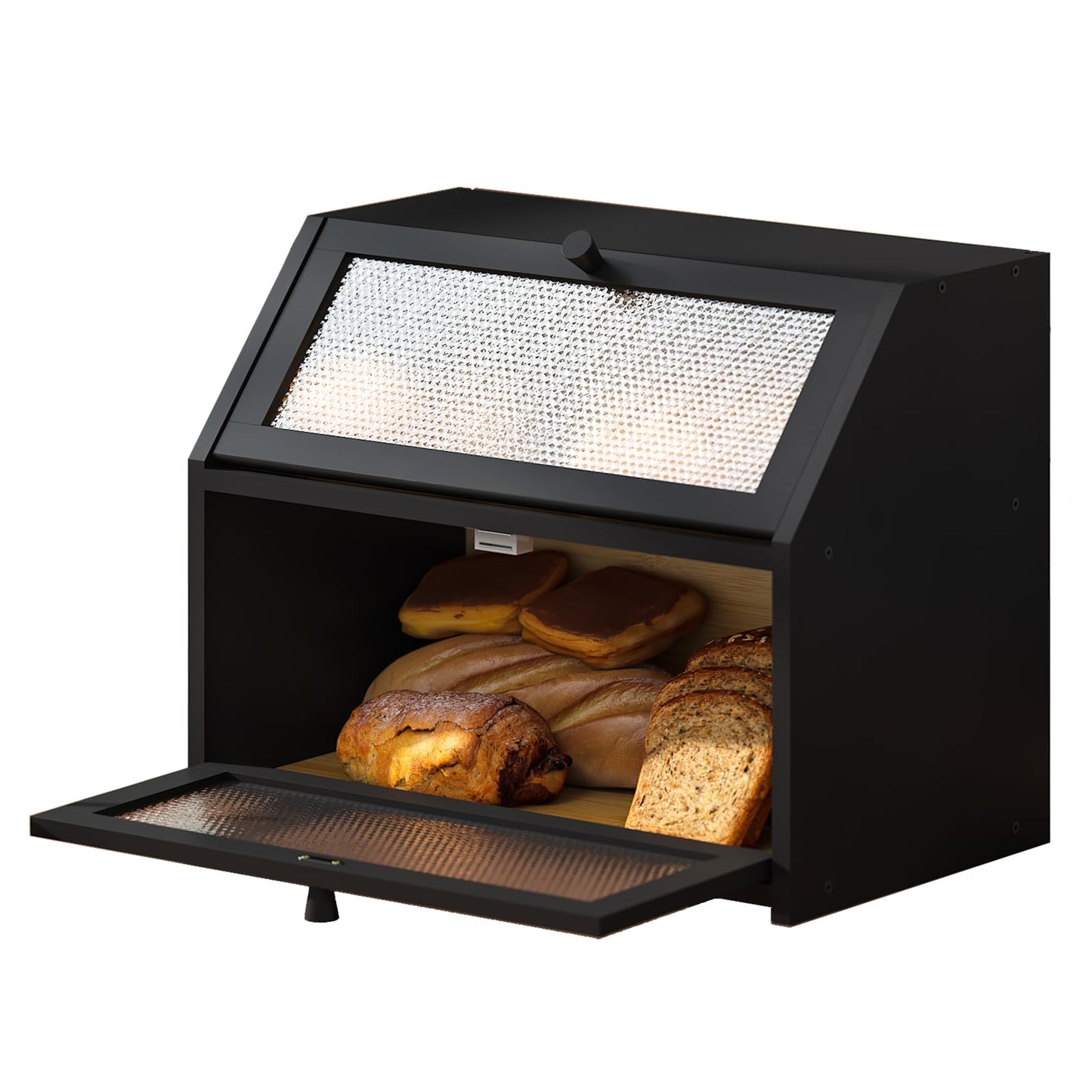 Bread Box for Kitchen Countertop Bin Double Layer Bread Box Storage Container Extra Large Capacity Farmhouse with Diamond Pattern Windows (Black)