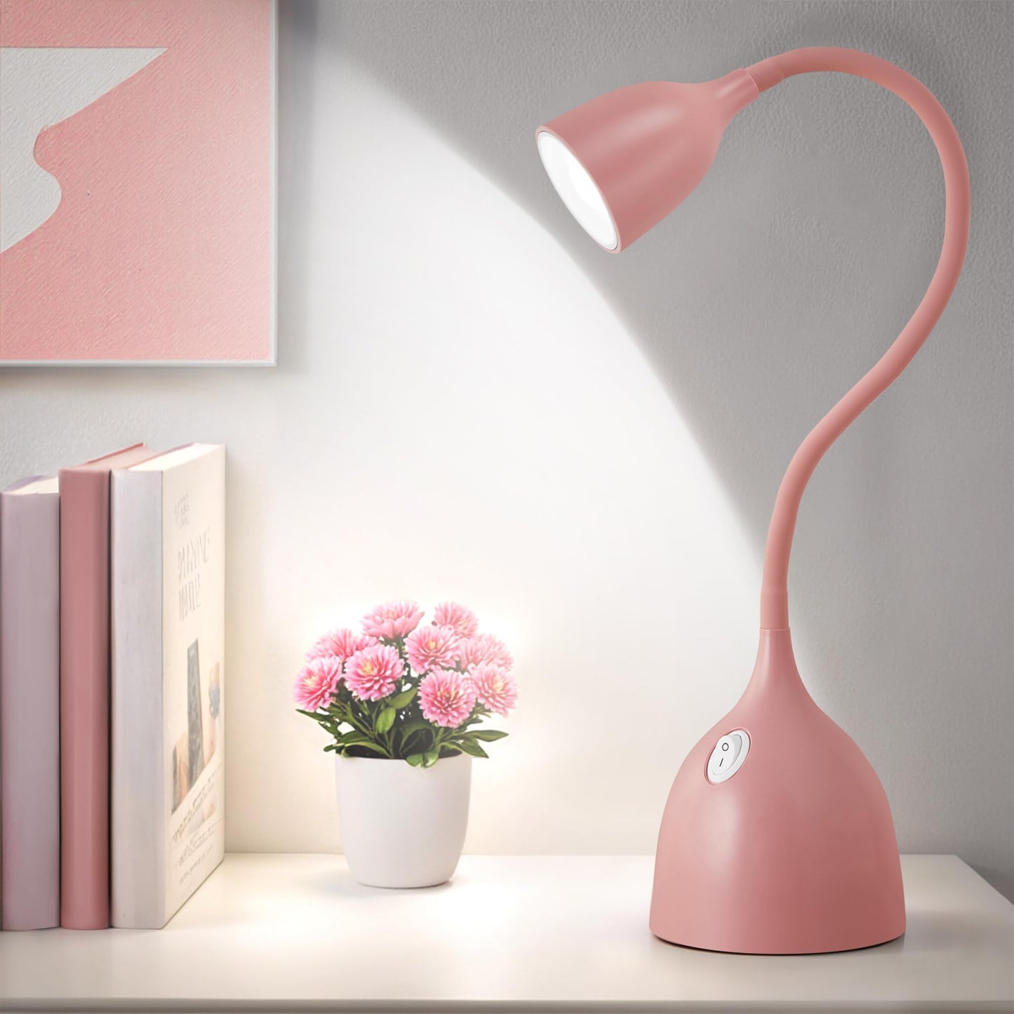 EJIAXIN Gooseneck Desk Lamp 360° LED Flexible Reading Light Small Desk Lamps for Small Spaces Home Office Bedroom College Dorm Desk Bookshelf Nightstand Table Lamp (Pink)