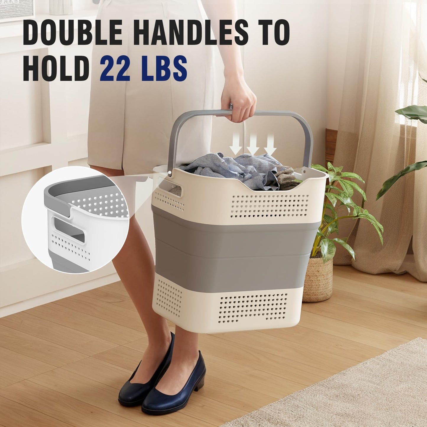 TECHMILLY Collapsible Laundry Basket, Plastic Laundry Hamper with Comfortable Handles and Hanging Basket for Washing & Storage, Pop Up Dirty Clothes Hamper for Bedroom, Bathroom and Closet, 35L, Grey