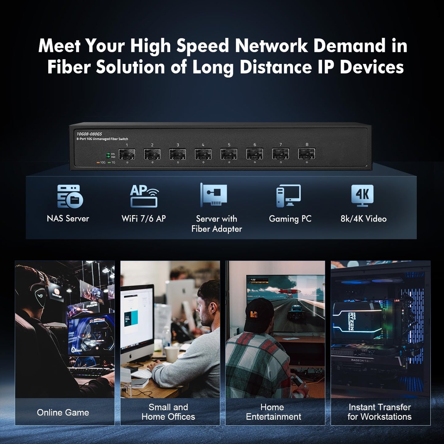 Binardat 8 Port 10 Gigabit Fiber Switch, 8x10G SFP+ Slot, Support 1G/10G, 160Gbps Bandwidth, Unmanaged Metal Desktop|Rackmount Network Switch