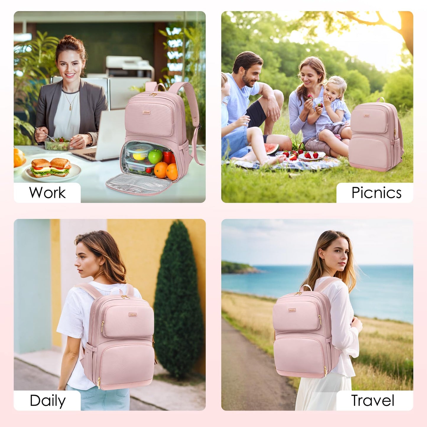 LABOMO Lunch Backpack for Women Men, 16 Inch Laptop Backpack with Lunch Compartment, Water Resistant Lunchbox Back Pack Meal Prep Cooler Bags Insulated for Nurse Work Teacher Travel