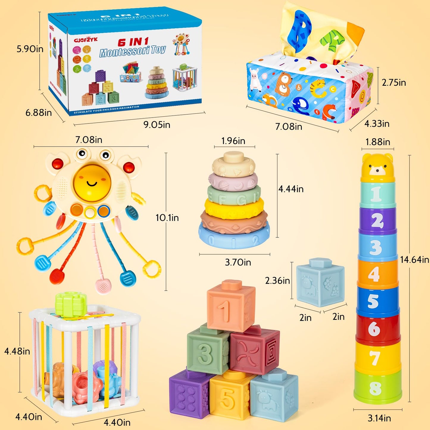 6 in 1 Montessori Toy for Baby Stacking Building Block Soft Infant Ring Shape Learning Sensory Bin Pull String Teething Toy Magic Tissue Box for Toddlers 18M+ 2 3 Year Old Boy Girl Gift