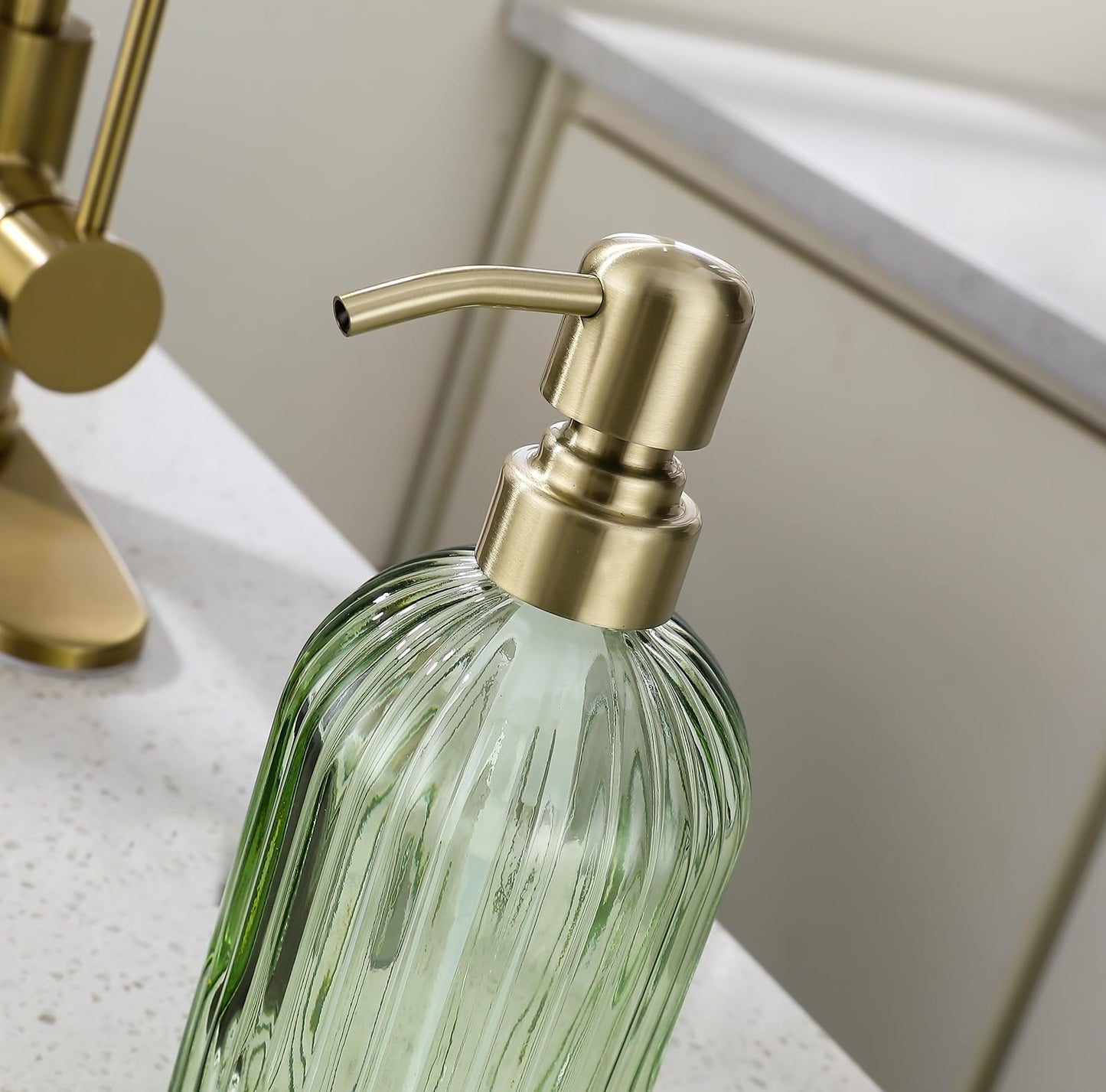 16Oz Green Glass Soap Dispenser with Rust Proof Stainless Steel Pump, Green Stripe Bathroom Hand Dish Lotion Dispensers with Brushed Gold Pump,Brushed Gold Glass Soap Dispenser2 Packs