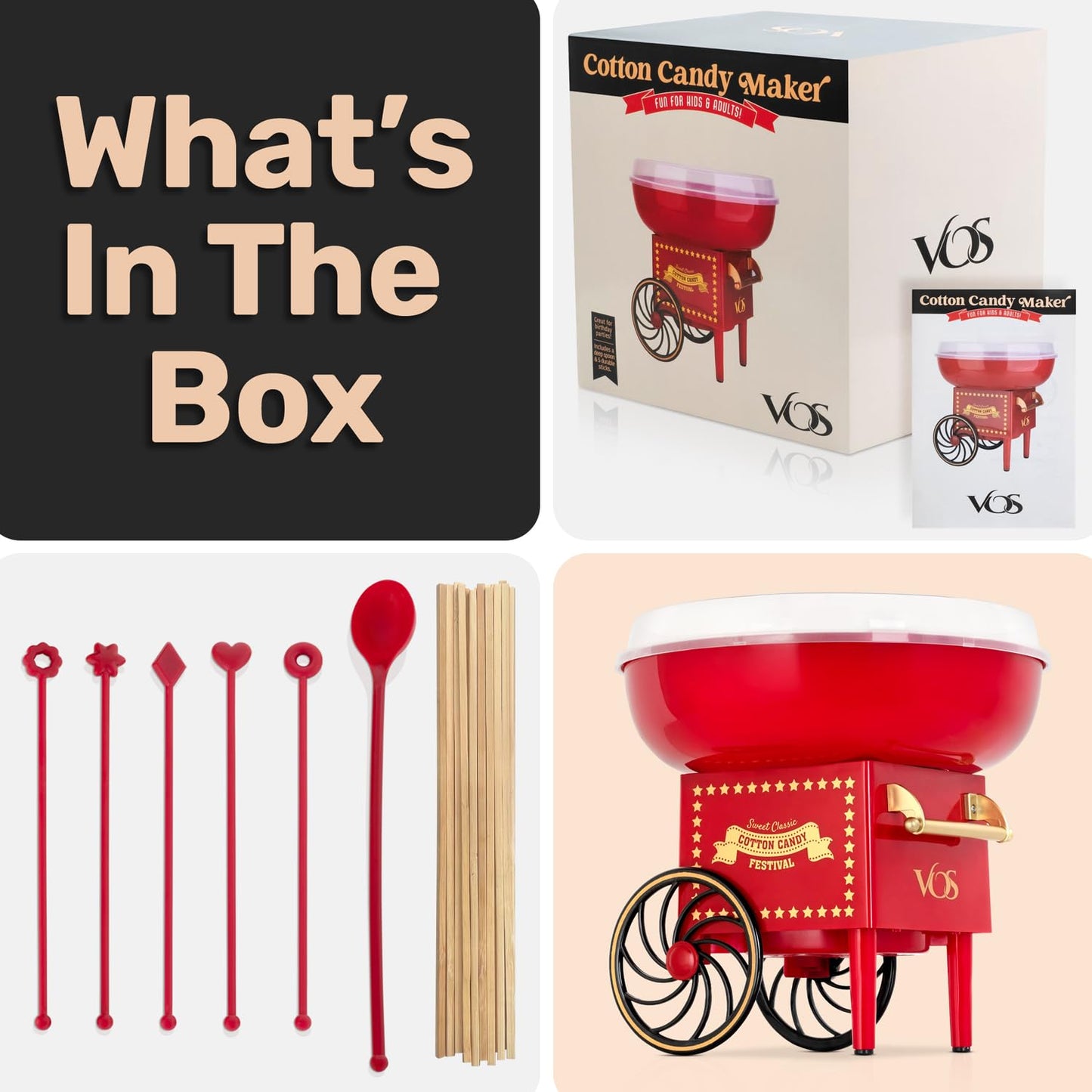 VOS Mini Cotton Candy Machine for Kids, Red Retro Sugar Candy Maker, Cotton Candy Maker Machine Kit: includes 15 Candy Sticks & 1 Sugar Scoop – Ideal for Home Use, Small Parties & Intimate Gatherings
