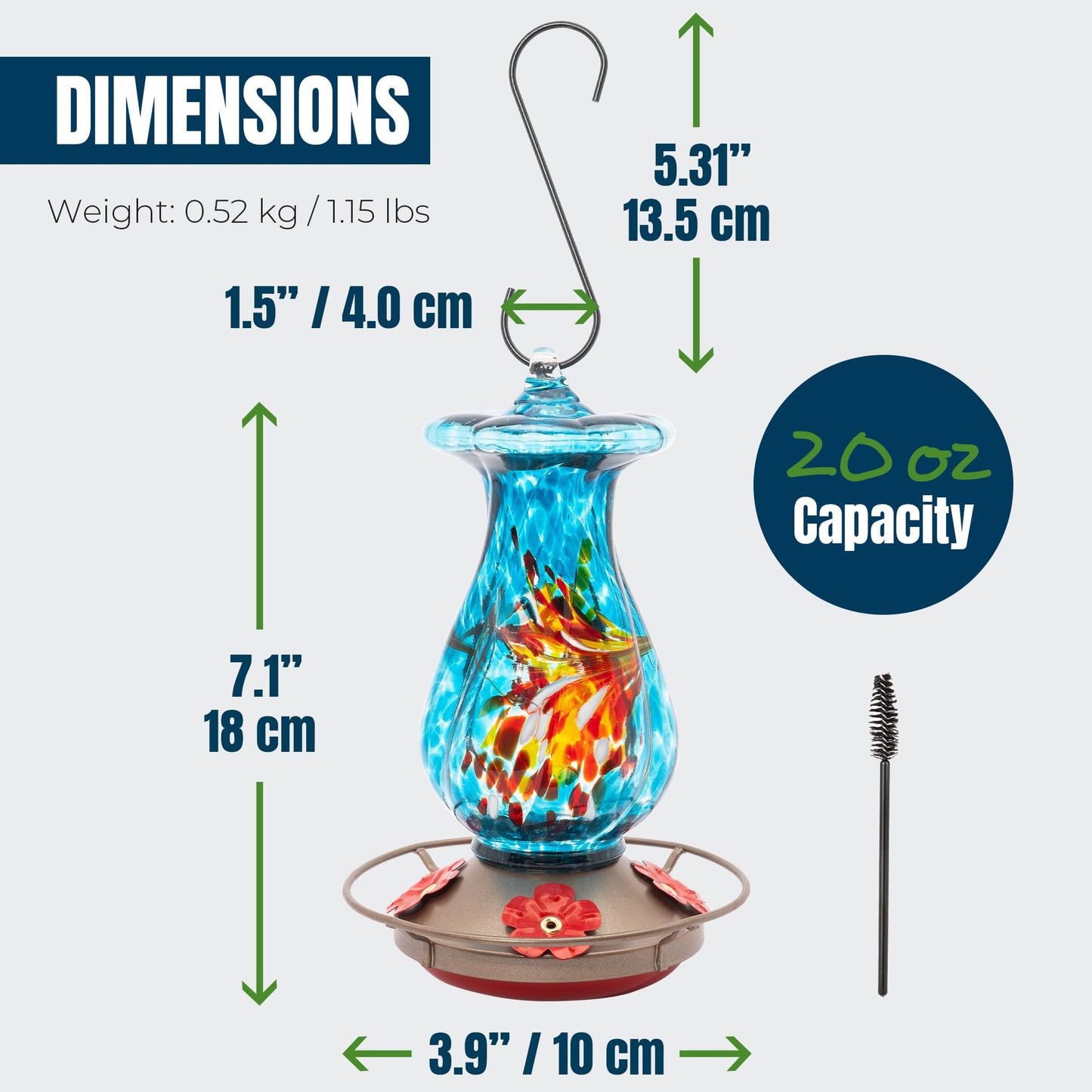 MEKKAPRO Glass Hummingbird Feeder, Hanging Hummingbird Feeders for Outdoors, 4 Feeding Ports, Glass Hummingbird Feeders for Outdoors Hanging, Includes S-Hook and Cleaning Brush (Flower, Sky Blue)