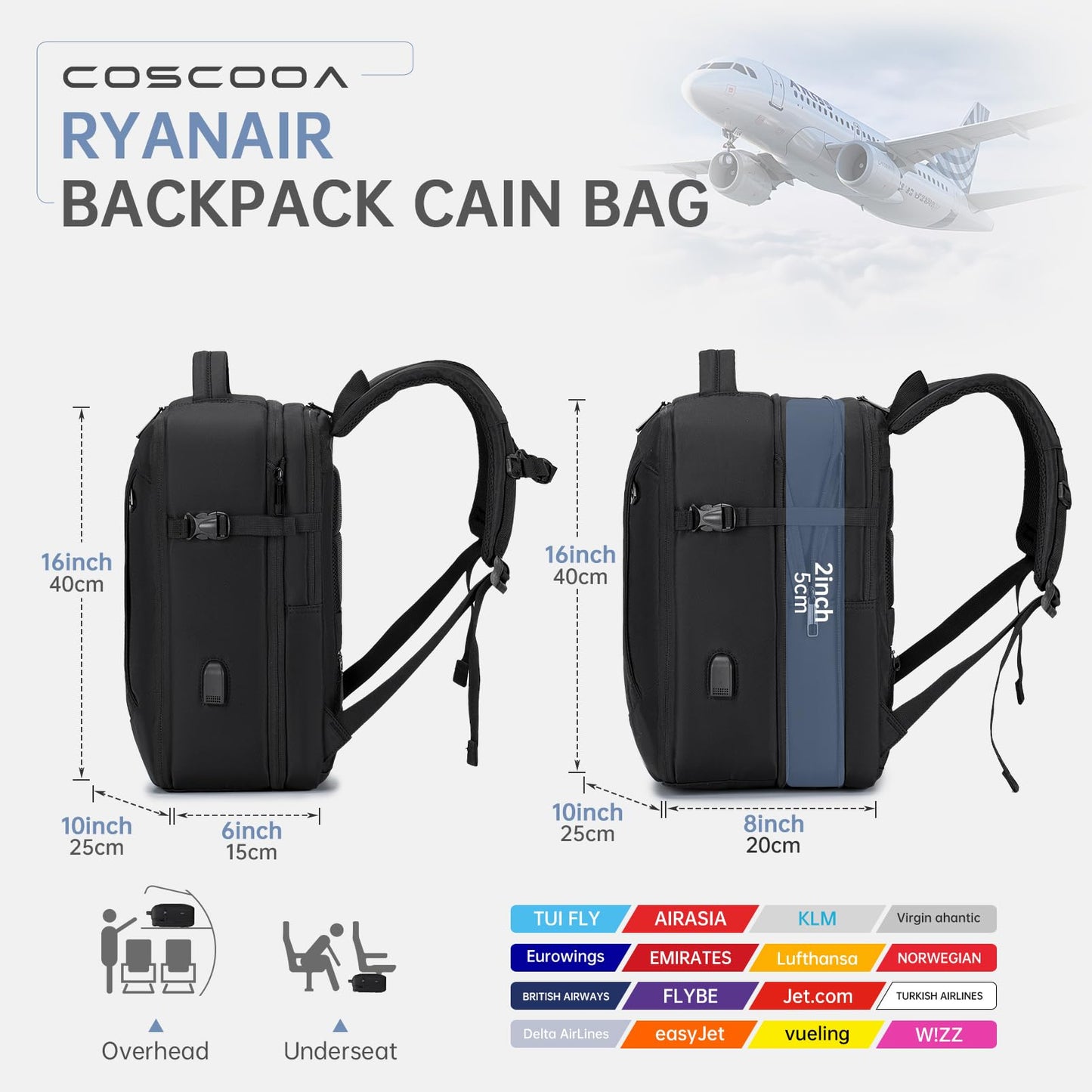COSCOOA Expandable Travel Backpack 20-30L,United Airlines Personal Item Bag 17x10x9 inch, Ryanair 40x20x25 CM Carry on Bag, Black, 40x25x20 cm