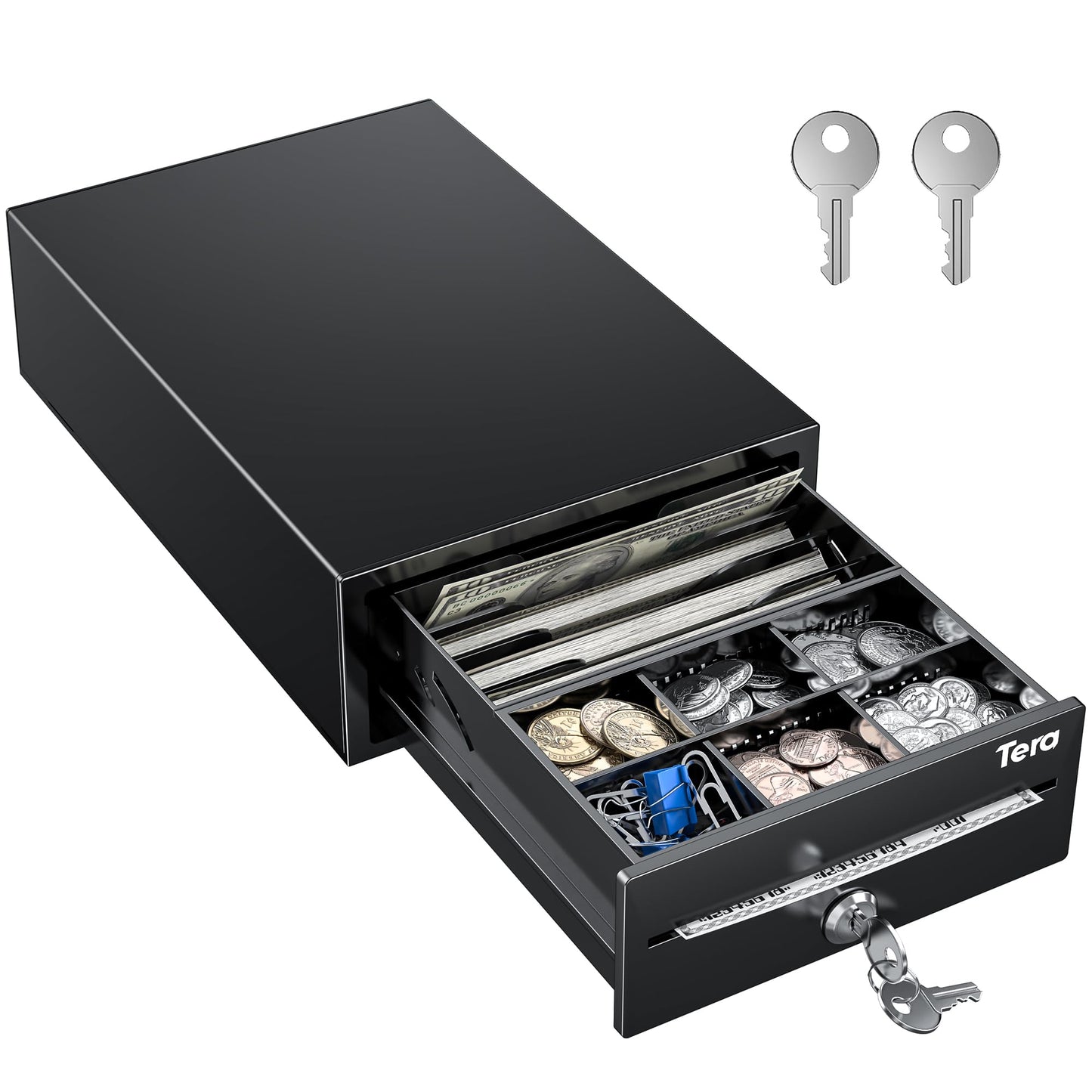 Tera Cash Register Drawer 8" Mini: 4 Bill 6 Coin Small Cash Drawer Auto Open with Media Slot 24V RJ12 Cable for POS System Key-Lock Removable Coin Separators for Small Business Retail Counter 208