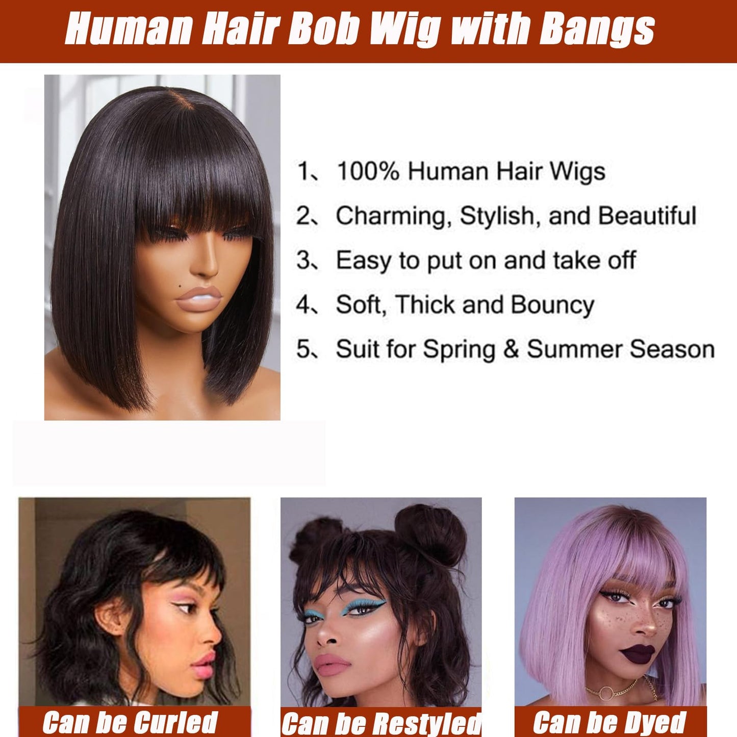 Bob Wig with Bangs Human Hair 180 Density 3x1 Lace Straight Bang Bob Wig Human Hair Glueless Realistic Look For Women Upgraded Machine Made Middle Part（8 Inch）