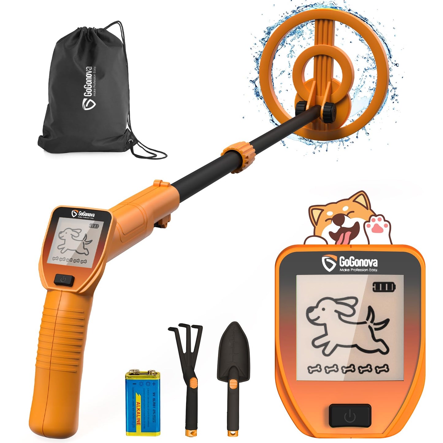 GoGonova Metal Detector, Adjustable 27.5” - 37.8” Metal Detector for Kids with LED Display, Lightweight Kids Metal Detector Kit with 6.8” Waterproof Search Coil, Gift for Boys & Girls, Orange