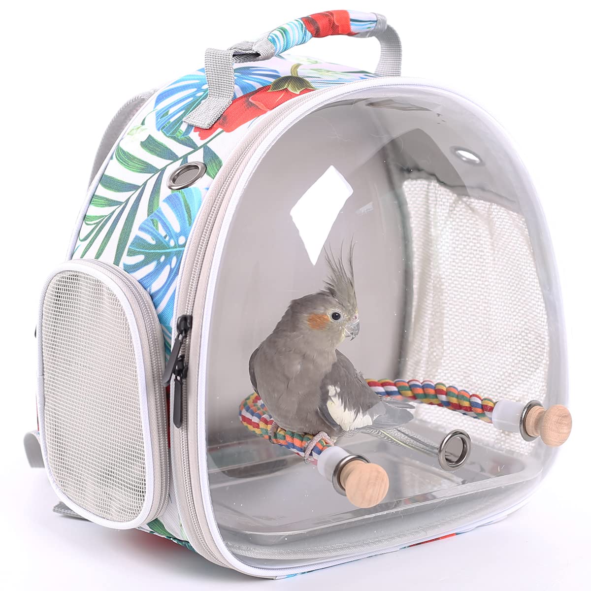 Bird Backpack Carrier, Backpack with Stand Perch and Metal Tray, Travel Carrier Backpack (SP Floral, Bird Backpack)