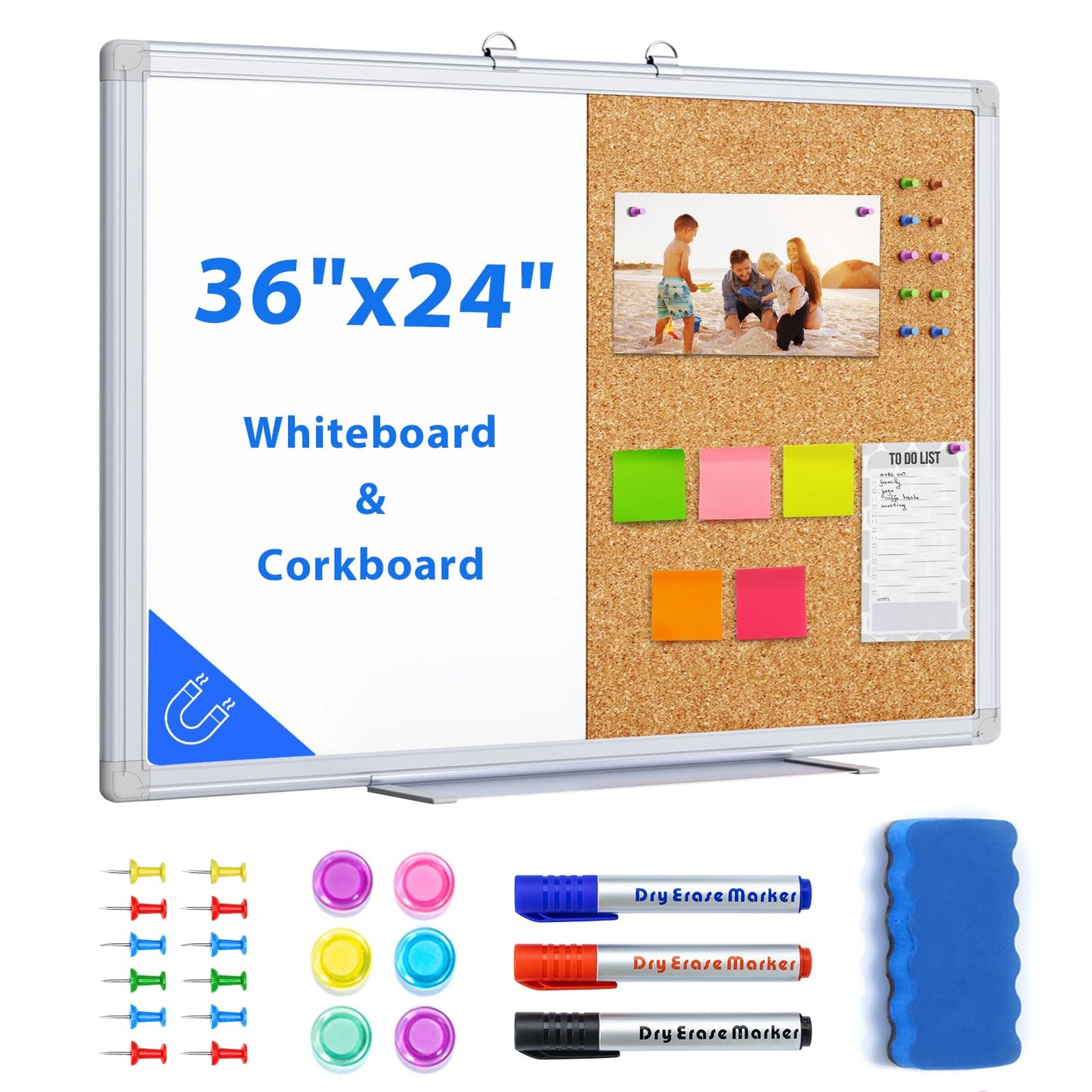 White Board Cork, Maxtek 36 x 24 Magnetic Combination Board for Wall, Dry Erase Board Bulletin Combo Board for Home Office & Classroom, 3' x 2' Wall Mounted Memo Message Board with Aluminum Frame