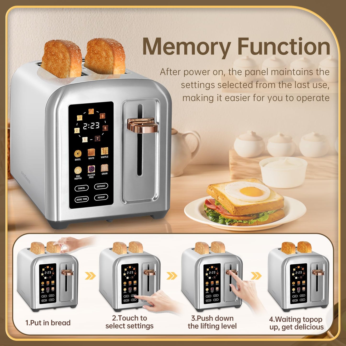 SEEDEEM Toaster 2 Slice, Stainless Steel Bread Toaster with LCD Display and Touch Buttons, 50% Faster Heating Speed, 6 Bread Selection, 7 Shade Settings, 1.5''Wide Slots Toaster with Cancel/Defrost/Reheat Functions, Removable Crumb Tray, 1350W, Silver Met