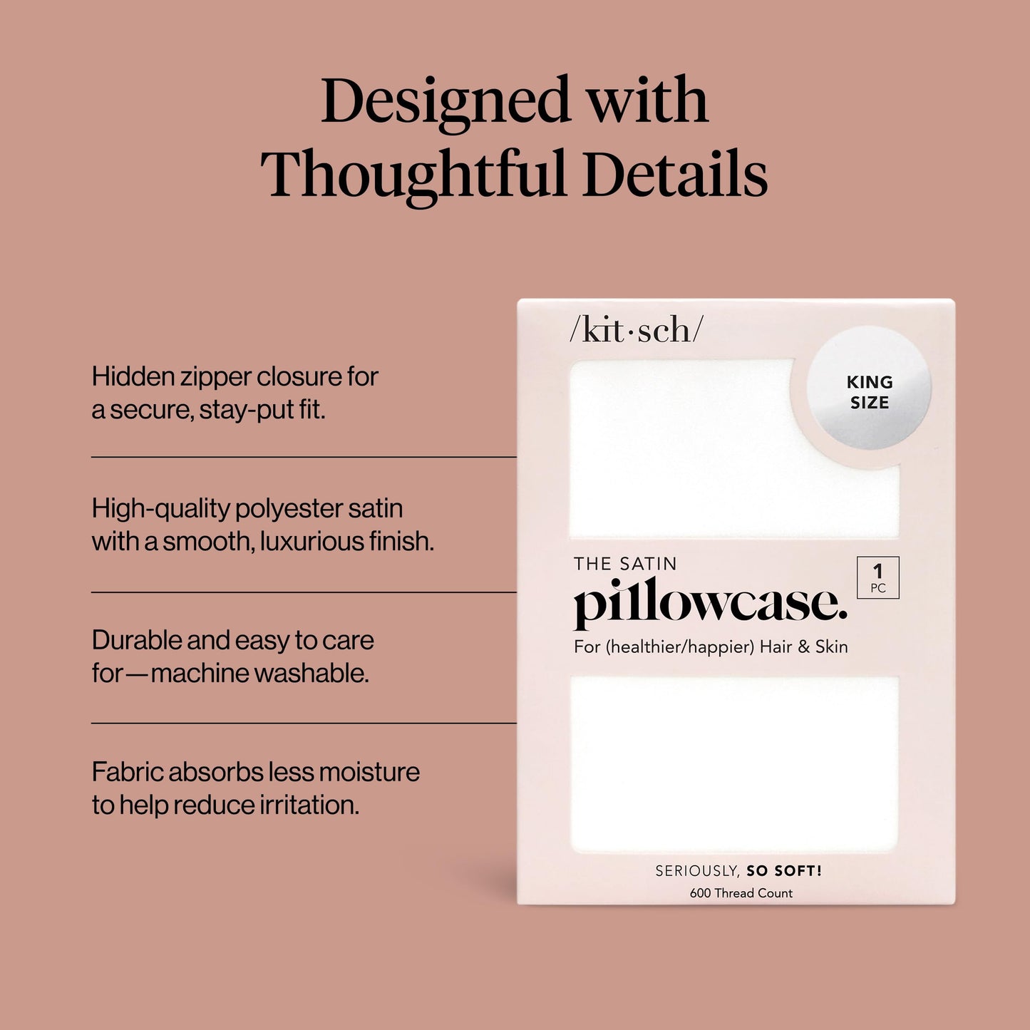 Kitsch Satin Pillowcase for Hair & Skin - Softer Than Silk Pillowcase for Hair and Skin | Cooling Satin Pillowcases with Zipper | Satin Pillow Case Cover King (1 Pack), Ivory