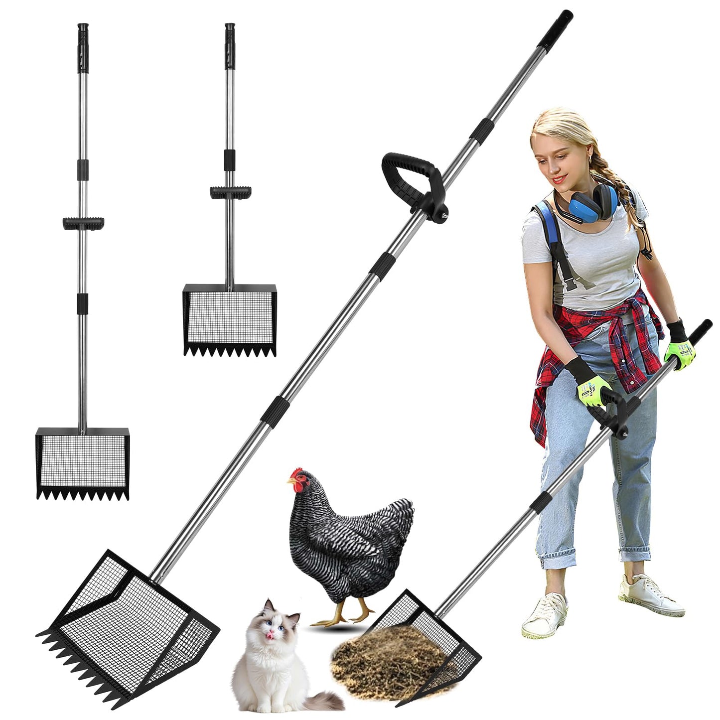 Chicken Poop Scooper and Rake with Ergonomic Handle, 2 in 1 Large Metal Chicken Coop Scoop for Poop with Adjustable Stainless Steel Pole, Sand Sifting Shovel for Chicken Coop Accessories