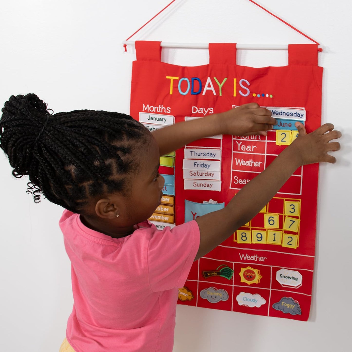 The Peanutshell Preschool Educational Wall Calendar - 53 Fabric Pieces for Months, Days, Years, Weather, & Seasons (Red)