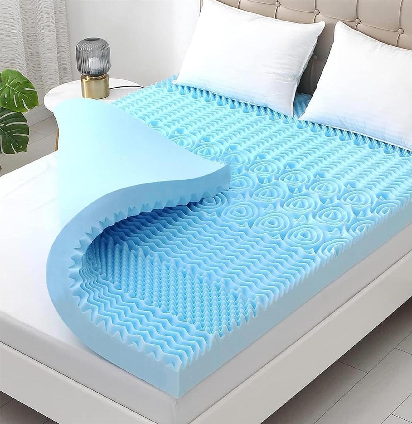 YUGYVOB Mattress Topper Queen, Foam Queen Mattress Topper, Cooling Gel Infused Bed Topper, 7 Zone Egg Crate Foam, CertiPUR-US Certified, 2 Inch