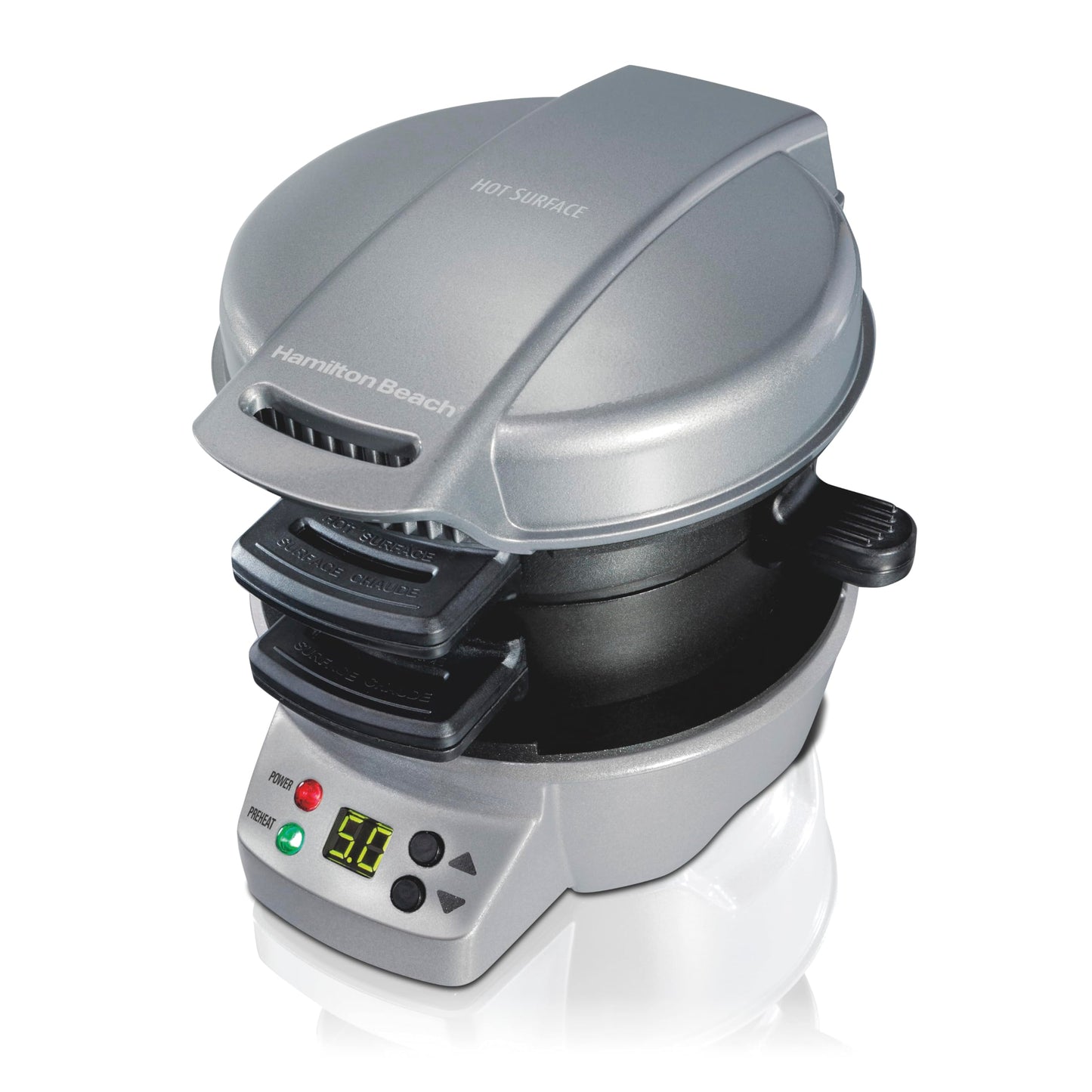 Hamilton Beach Breakfast Sandwich Maker with Egg Cooker Ring, Customize Ingredients, Perfect for English Muffins, Croissants, Mini Waffles, Perfect White Elephant Gifts, Silver (25478RC)