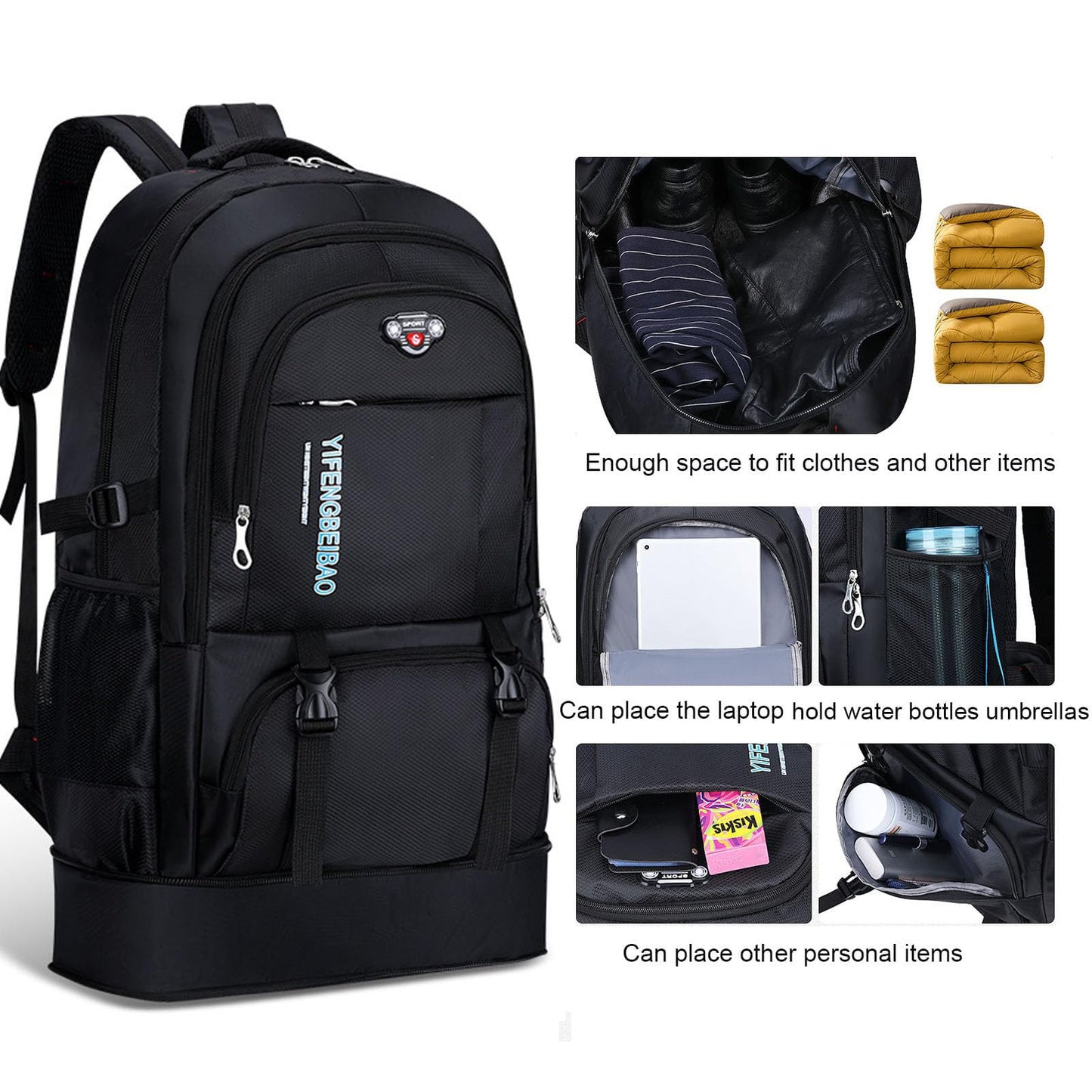 Large 65L Expandable Travel Backpack for Men/Women,Carry on Backpack Personal Item Travel Bag Waterproof Laptop Backpack(Black)