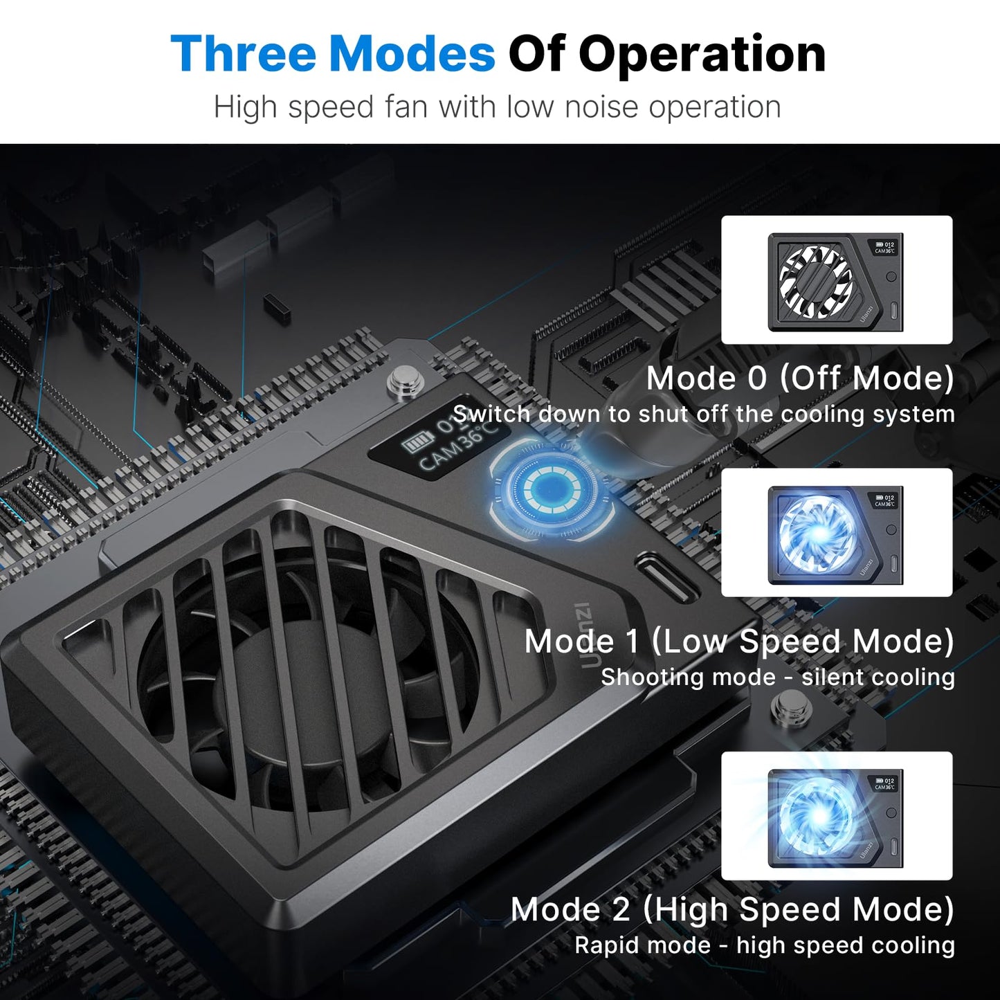 ULANZI Camera Cooling Fan Black New, Spring Telescopic Mounting Adjustable Mini Intelligent Cooling Fan Real-time Monitoring with Type-C Charging Port, Compatible with Sony Canon