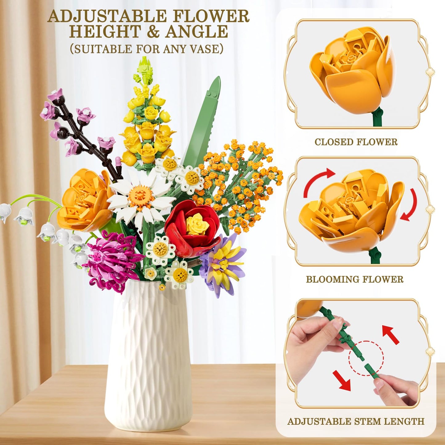 Flowers Bouquet Building Set, 1070PCS Wildflower Botanical Collection, Artificial Plant Flower Kit Toy for Adults Kids Women Her, Home Decor Gift for Birthday, Valentine's Day, Christmas (No Vase)