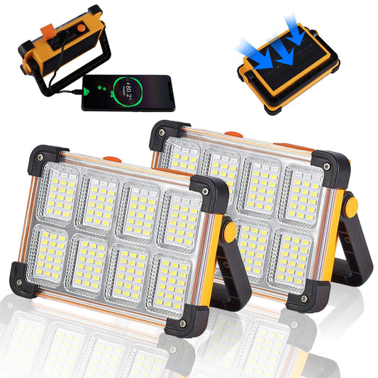 2 Pack 120W Solar Rechargeable Work Light, 144 LED 10000LM Portable Flood Light with Stand, IP66 Waterproof Power Bank 4 Modes LED Job Site Lighting Flashlights for Mechanic Camping Fishing Car Repair