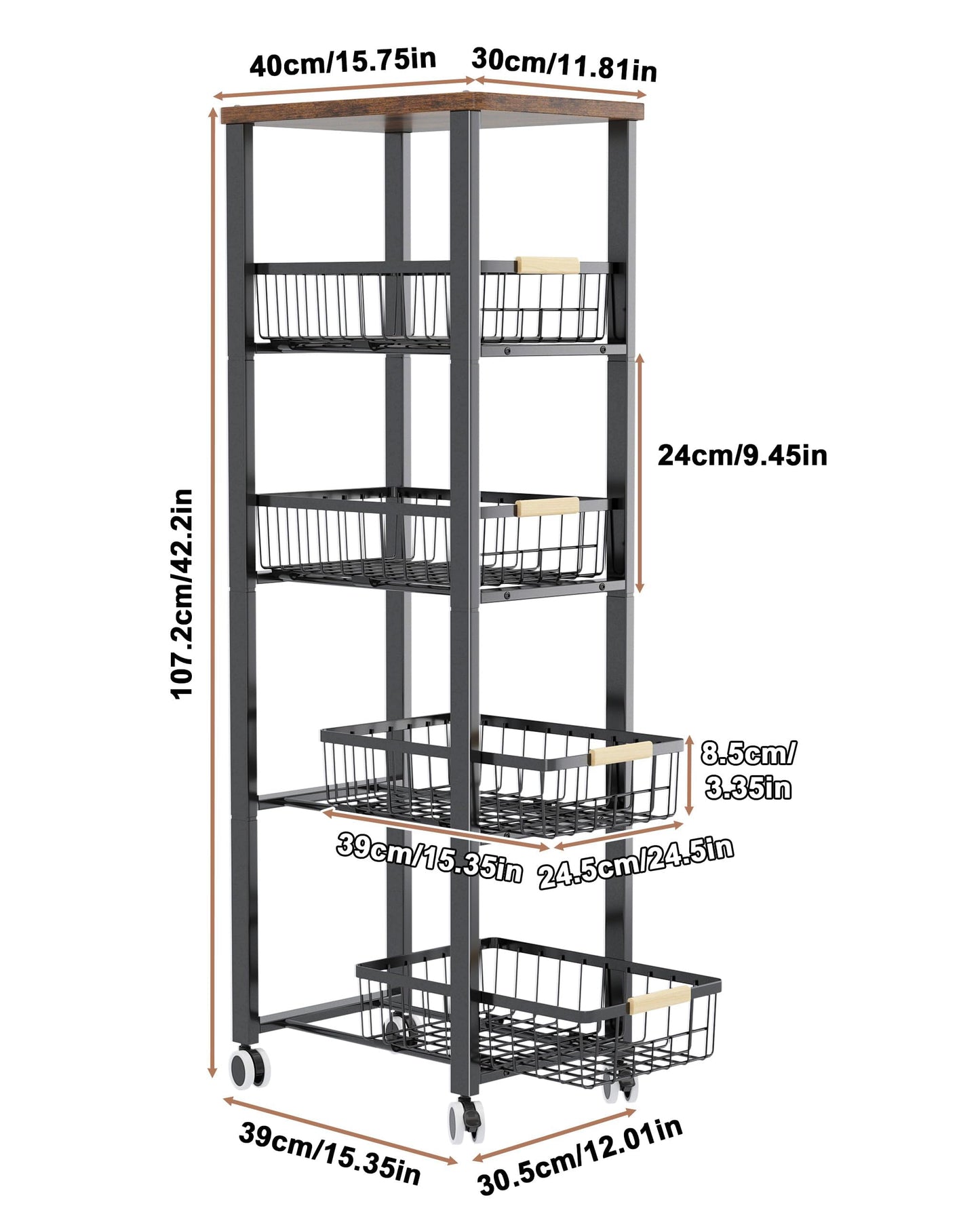Ornestia 5-Tier Storage Cart,Metal Shelving Units Storage Slide Out,Kitchen Tall Storage Trolley with Wheels Wooden Top(40cm*30cm*107cm -Black)