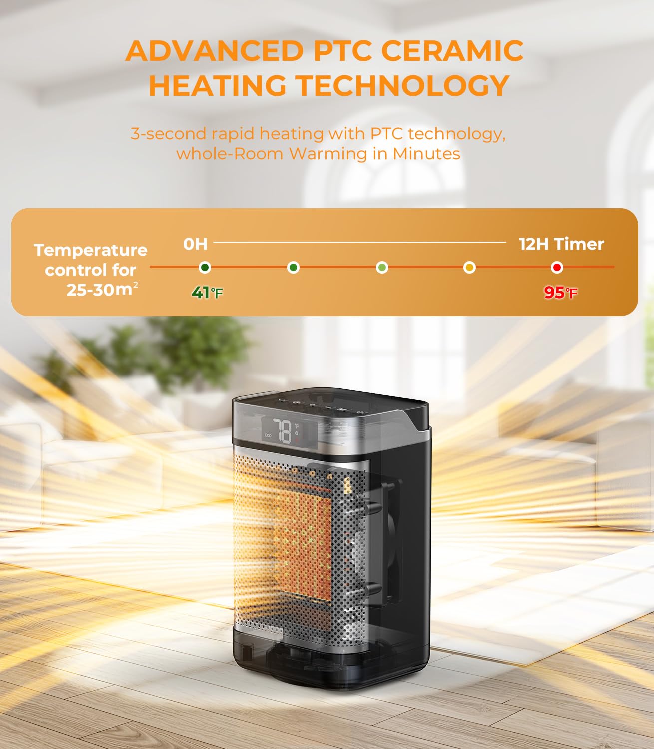 Portable Ceramic Space Heater 1500W with Remote - Fast Quiet Heating for Bedroom, Office, RV - Tip-Over & Overheat Protection, 3 Heat Settings 90° Oscillation