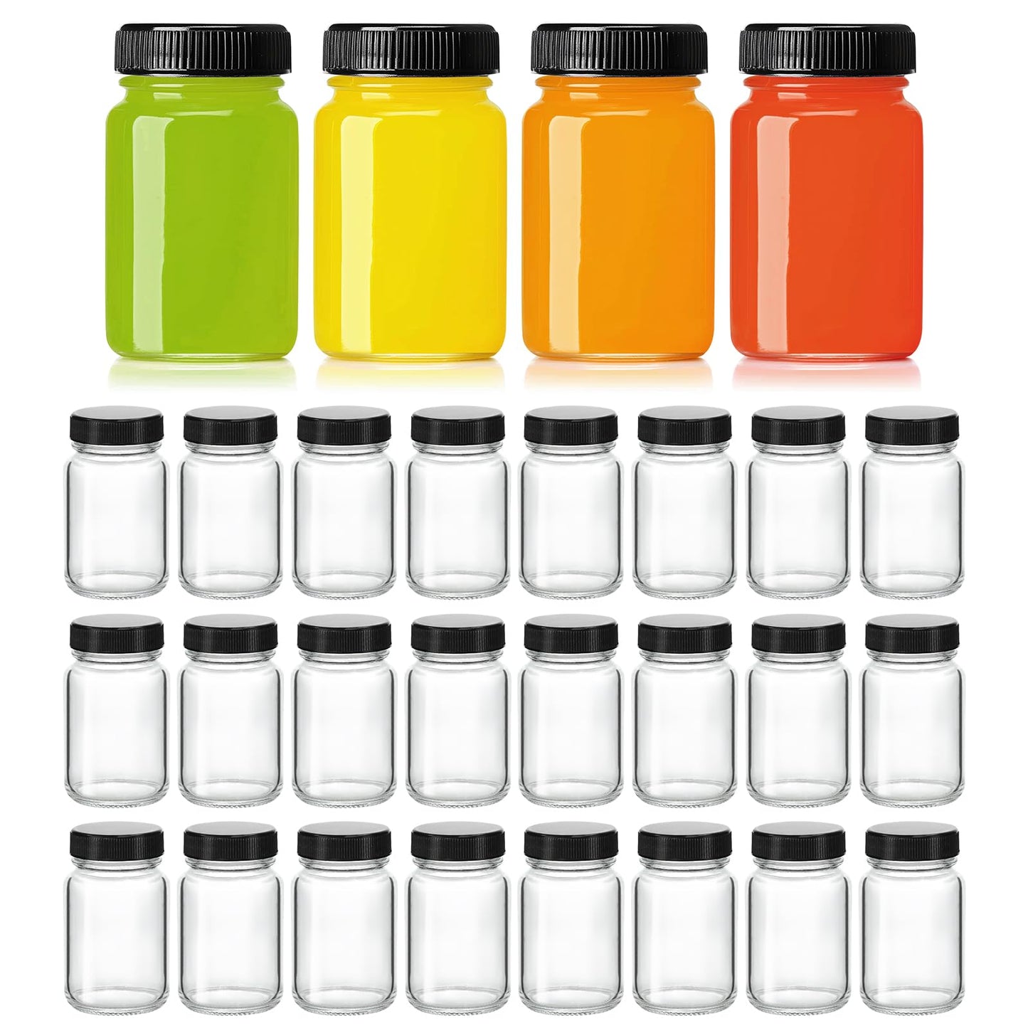 KEYWING 28 Pack 2oz Glass Bottles with Lids - Small Clear Jars for Ginger, Wellness Shots, Juice, Whiskey - Travel Mini Reusable Wide Mouth Bottles- Leakproof, Dishwasher Safe