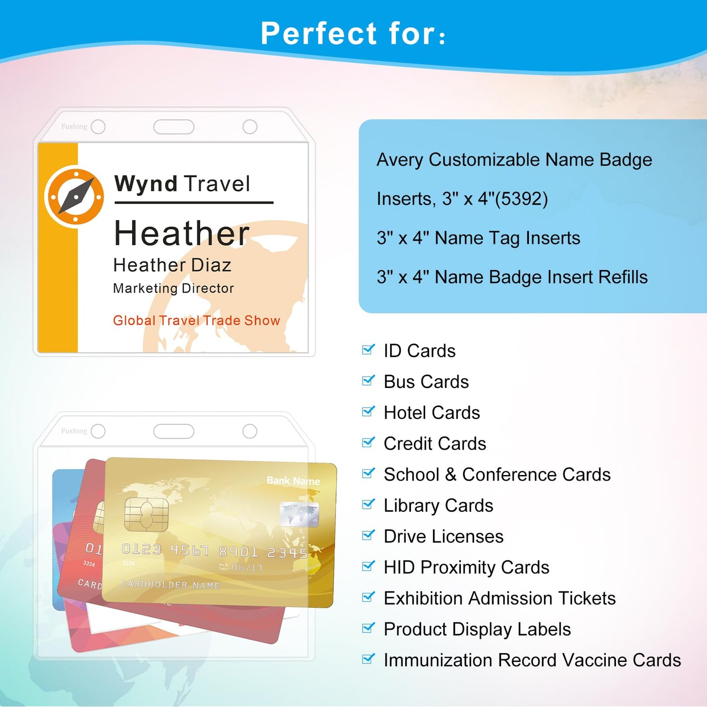 Fushing 3x4 Clear PVC No Zipper Horizontal Name Tag Holders - ID Card Holders for 3 x 4 Inch Name Badge Inserts (200)