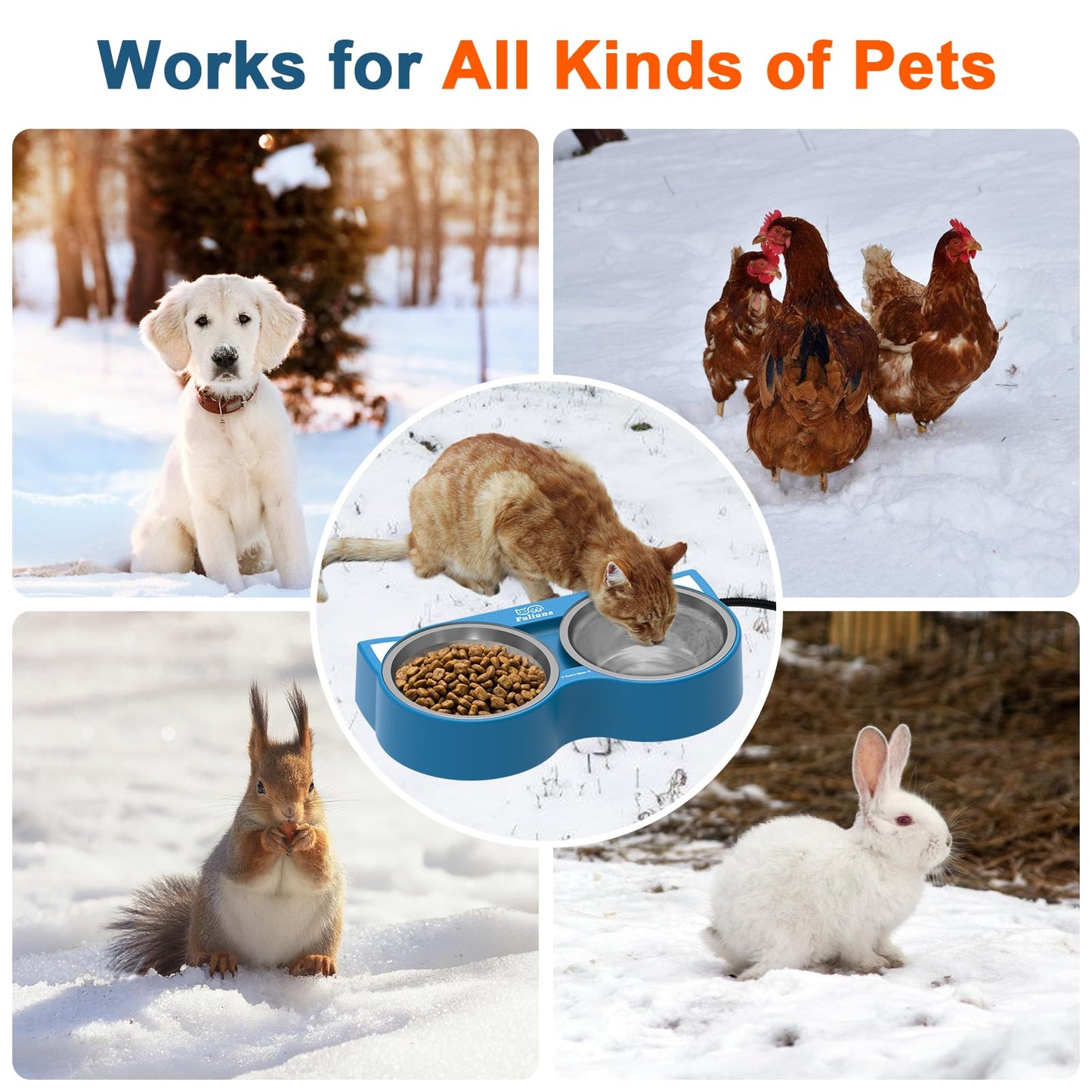 Heated Cat Bowl for Outdoor Cats in Winter, Heated Water Food Bowl with 2 Stainless Steel Bowls 23 OZ Each, Waterproof Heated Pet Bowl for Outside Cat Dog Bird, No More Frozen Food or Water.