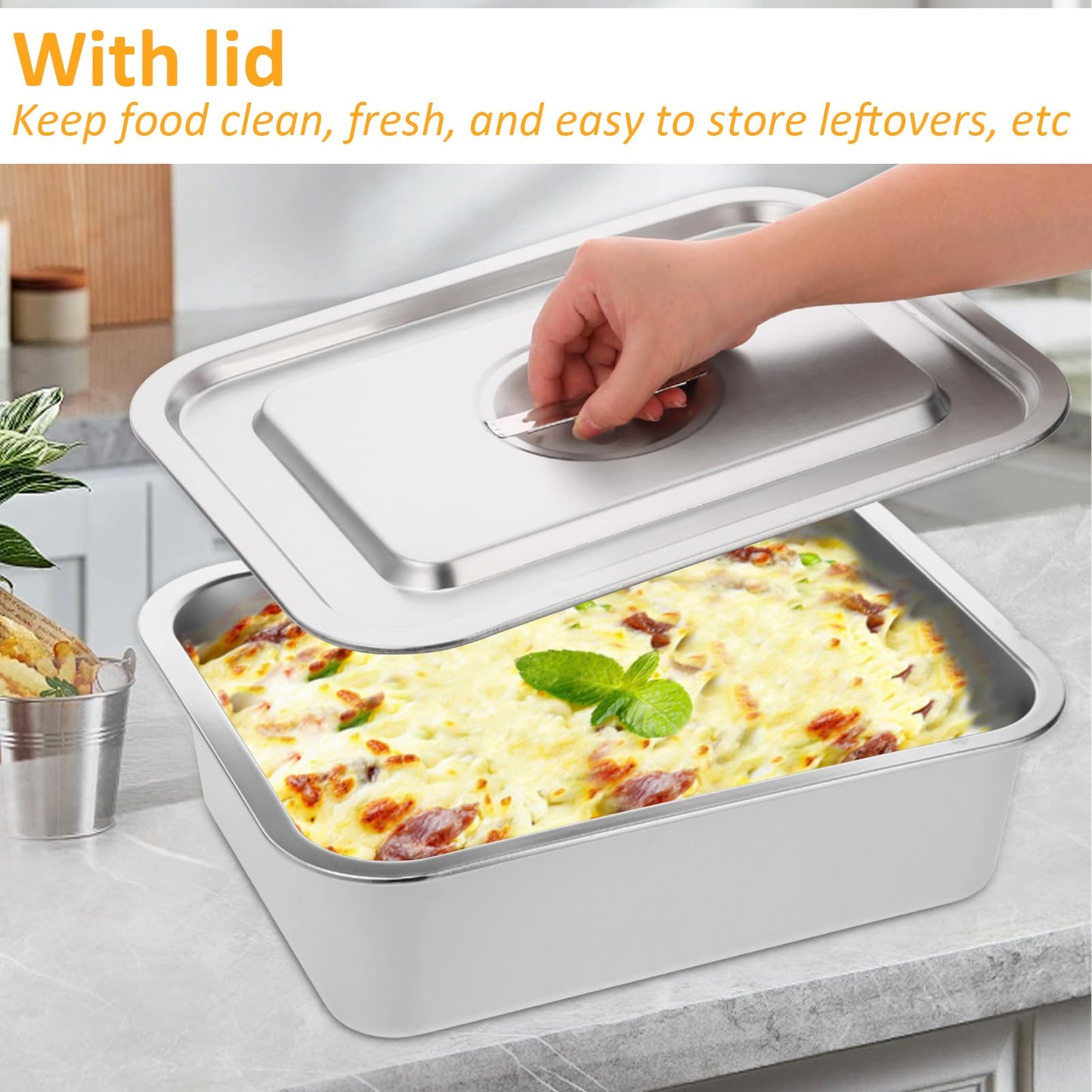 CODOHI 2 PACK 4 Inch Extra Deep Lasagna Baking Pan with Lid, 10.6x14.2 Inch 304 Stainless Steel Large Baking Dish Tray for Oven, Thick Metal Roasting Pan for Casserole Brownie Turkey (Silver, L)