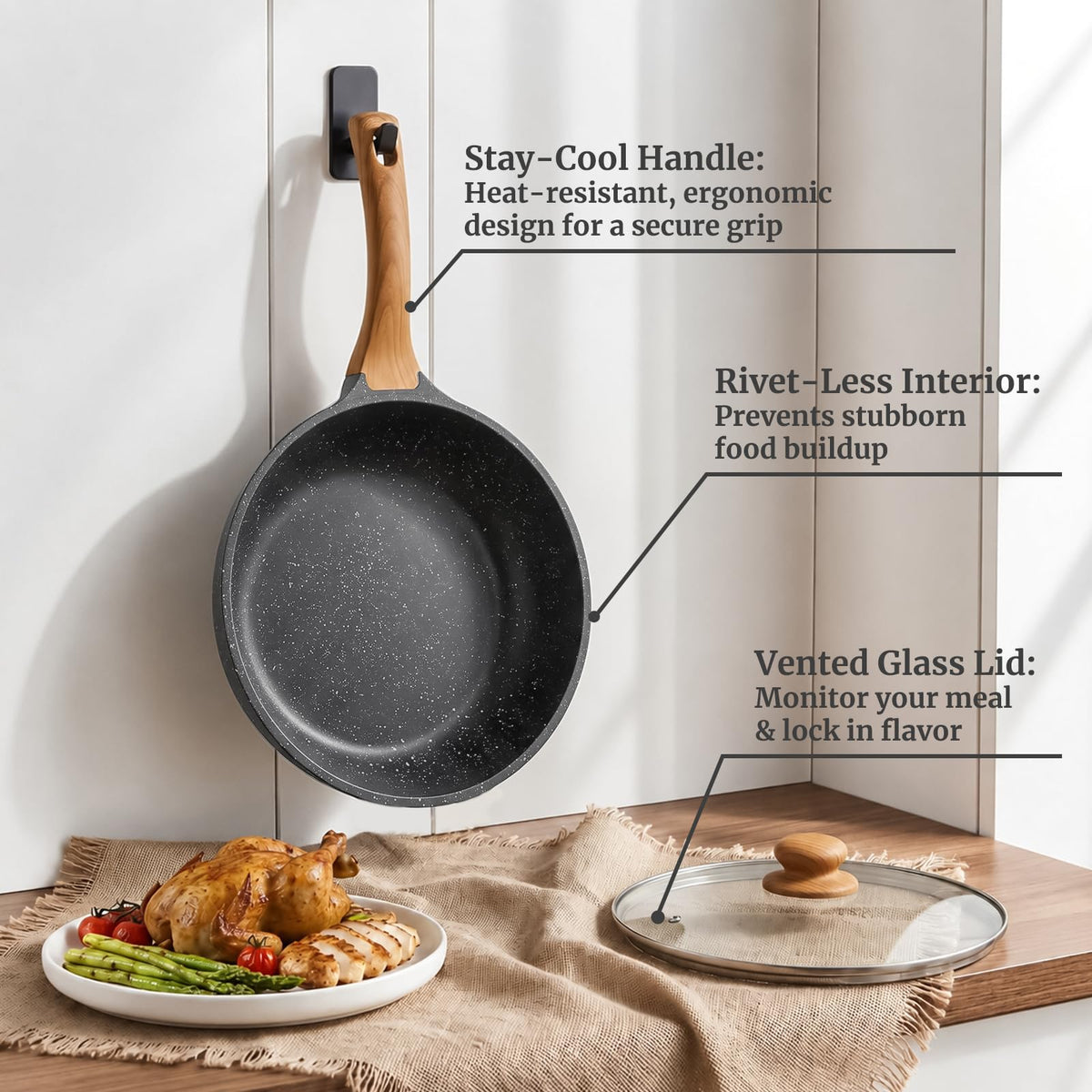 YASHE 11in / 4.5QT Nonstick Deep Frying Pan with Glass Lid, Dishwasher Safe