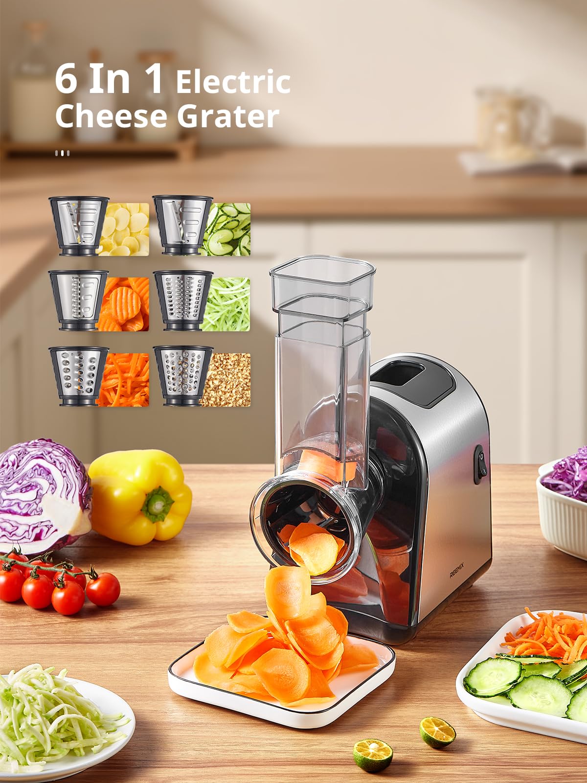 Reemix Electric Cheese Grater, Electric Food Grater with 6 Interchangeable Blades – Slicing, Shredding & Zesting | Stainless Steel Blades, Fast, Effortless Meal Prep for Home Cooks