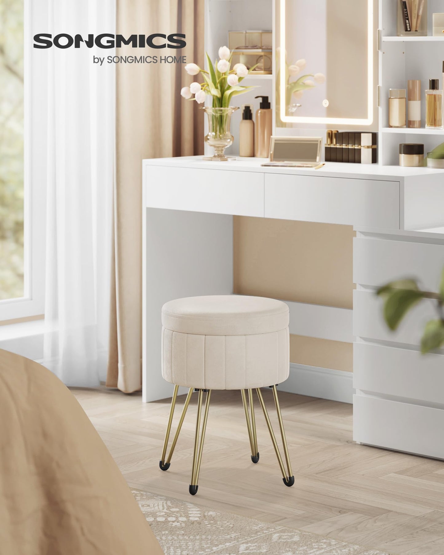 SONGMICS Vanity Stool Chair, Small Ottoman Stool with Storage, Velvet Makeup Stool, 15.4 Dia. x 17.5 H Inches, Cream White ULOM003W01