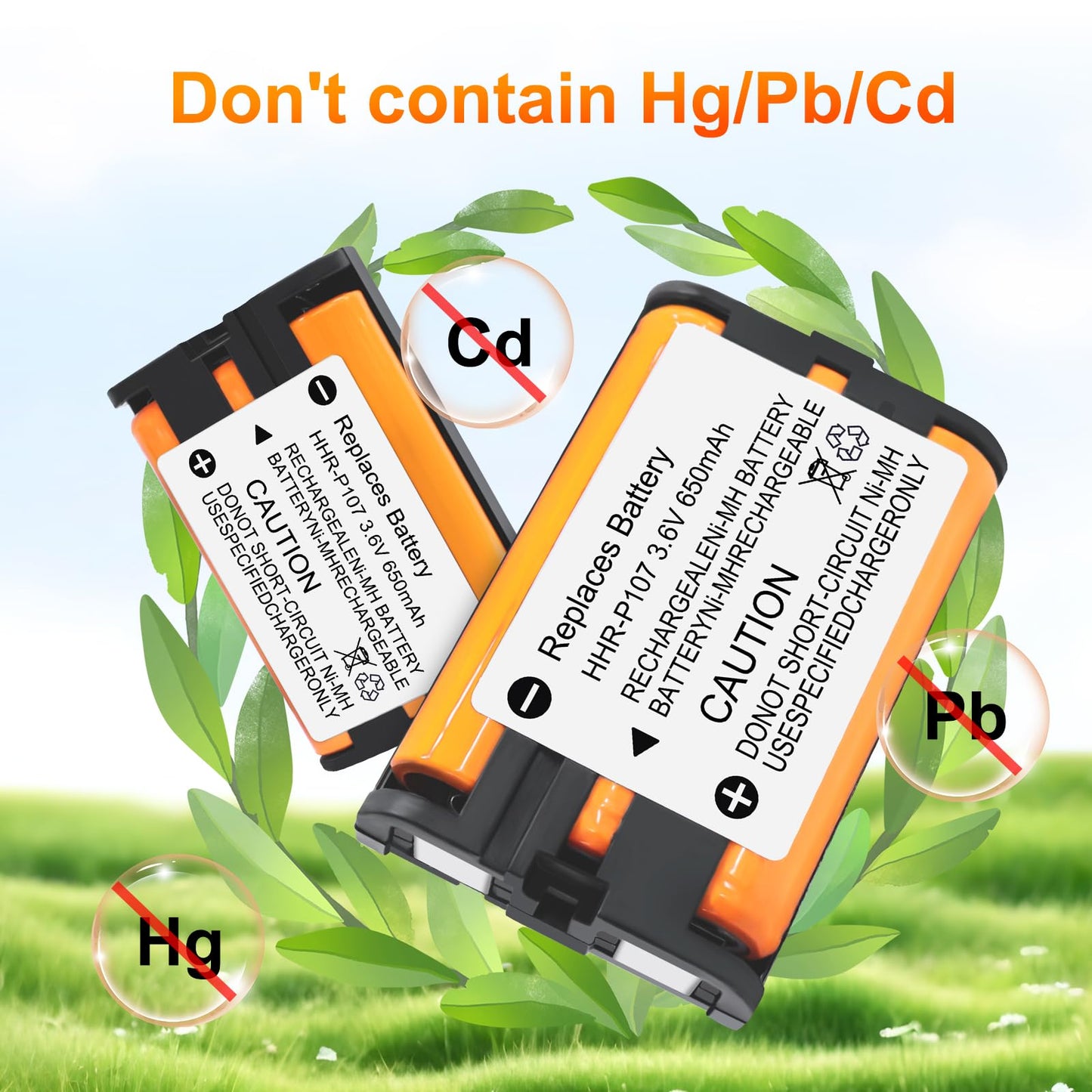 2 Pack HHR-P107 NI-MH Rechargeable Battery for Panasonic 3.6V 650mAh Battery for Cordless Phones