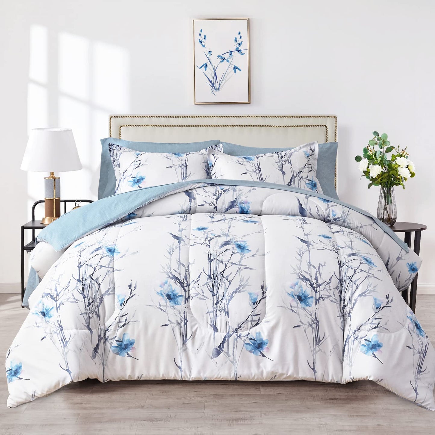 7 Pieces Bed in a Bag Queen Comforter Set with Sheets, Blue Flower Branch on White Botanical Bedding Sets for All Season (1 Comforter, 2 Pillow Shams, 1 Flat Sheet, 1 Fitted Sheet, 2 Pillowcases)