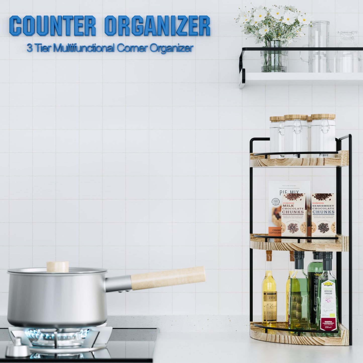 CeleVista Corner Bathroom Counter Organizer, 3 Tier Wood Vanity Storage, Waterproof Skincare Shelf for Kitchen & Toiletries Decor, Dresser(Rustic Brown)