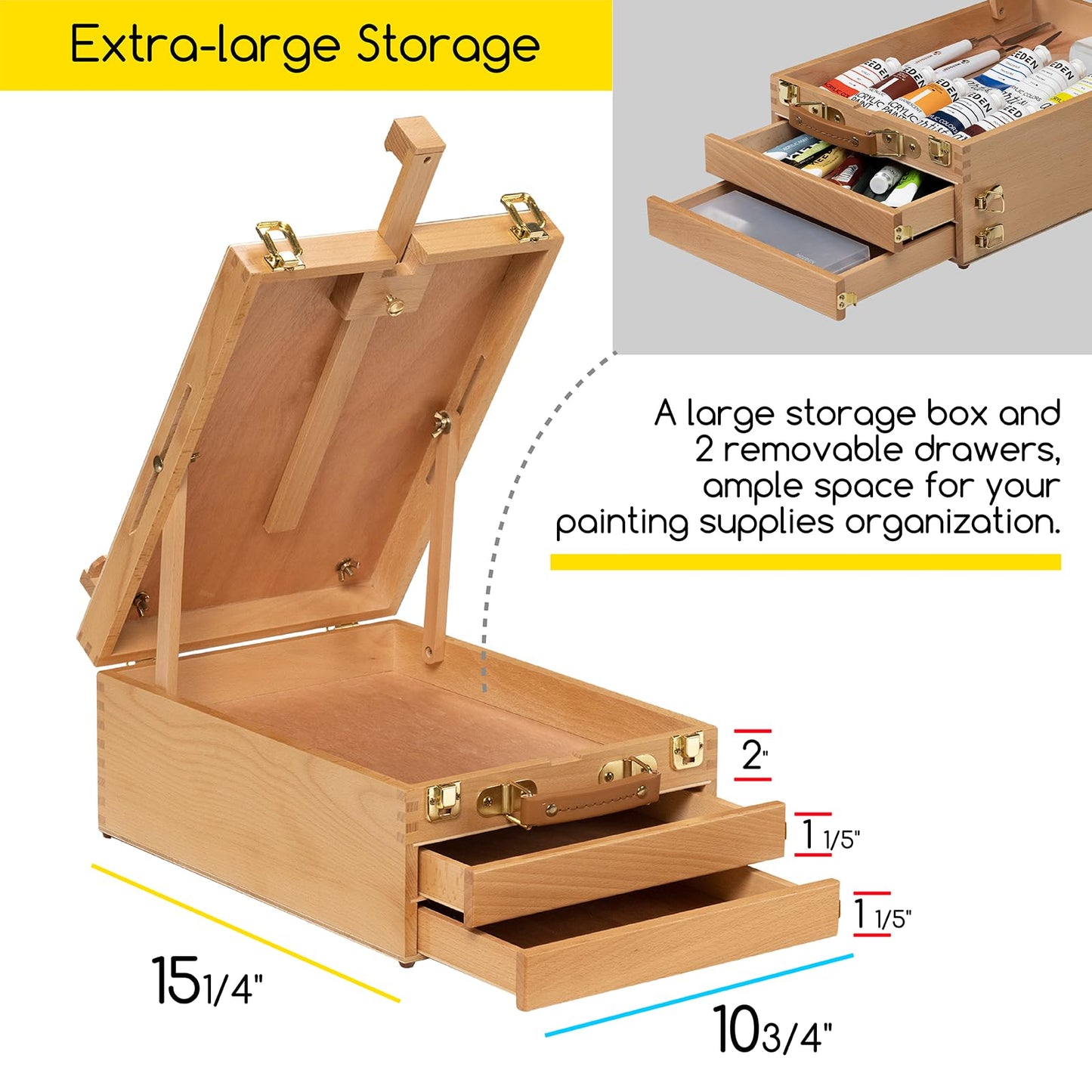 MEEDEN Artist Tabletop Sketchbox Easel -Multi-Function Adjustable Beech Wood Sketch Box with 2-Drawers and 1-Paint Palette for PleinAir Artist, Art Students and Beginners